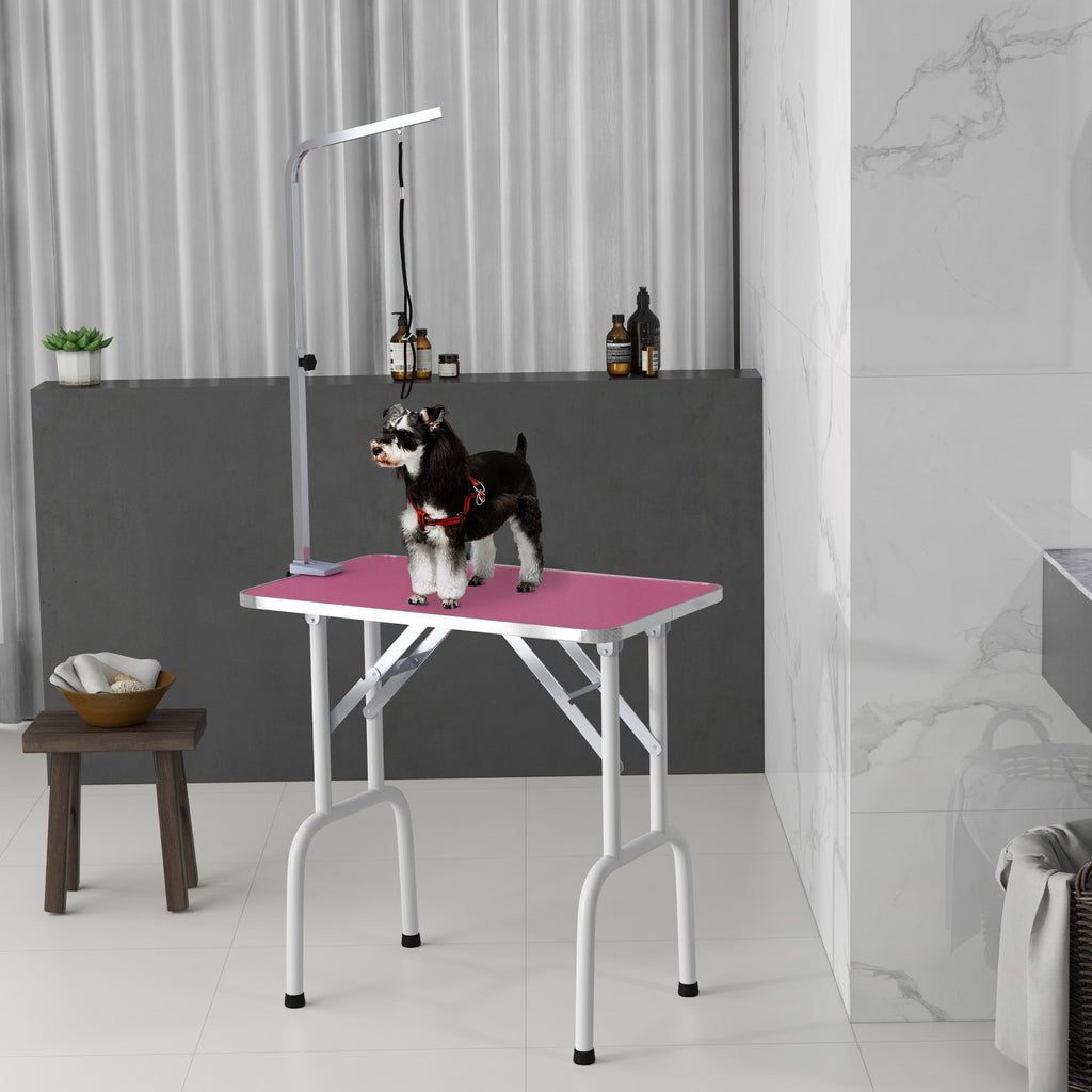 PawHut Foldable Dog Grooming Table with Adjustable Arm 81x48.5x80cm Pink
