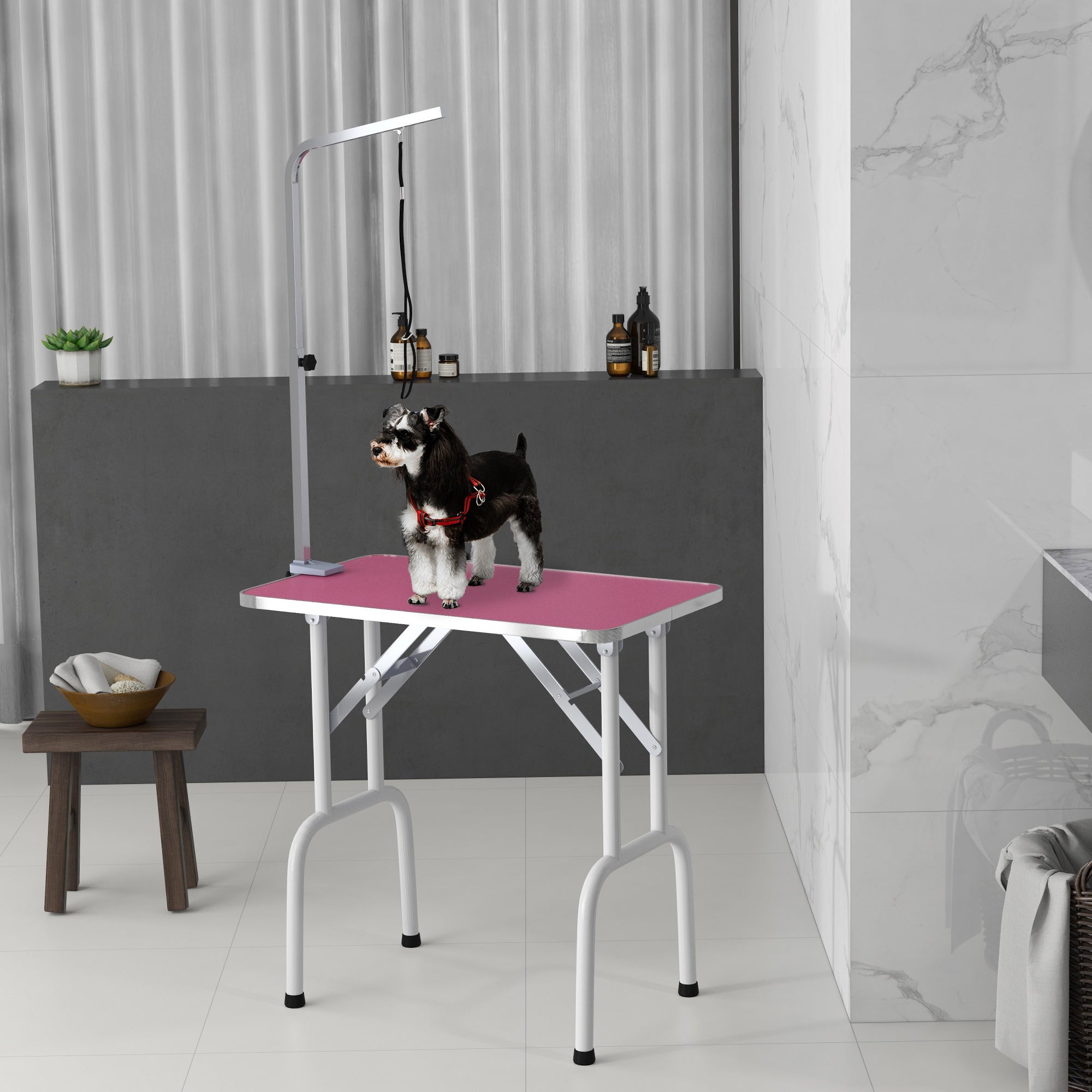 PawHut Foldable Dog Grooming Table with Adjustable Arm 81x48.5x80cm Pink