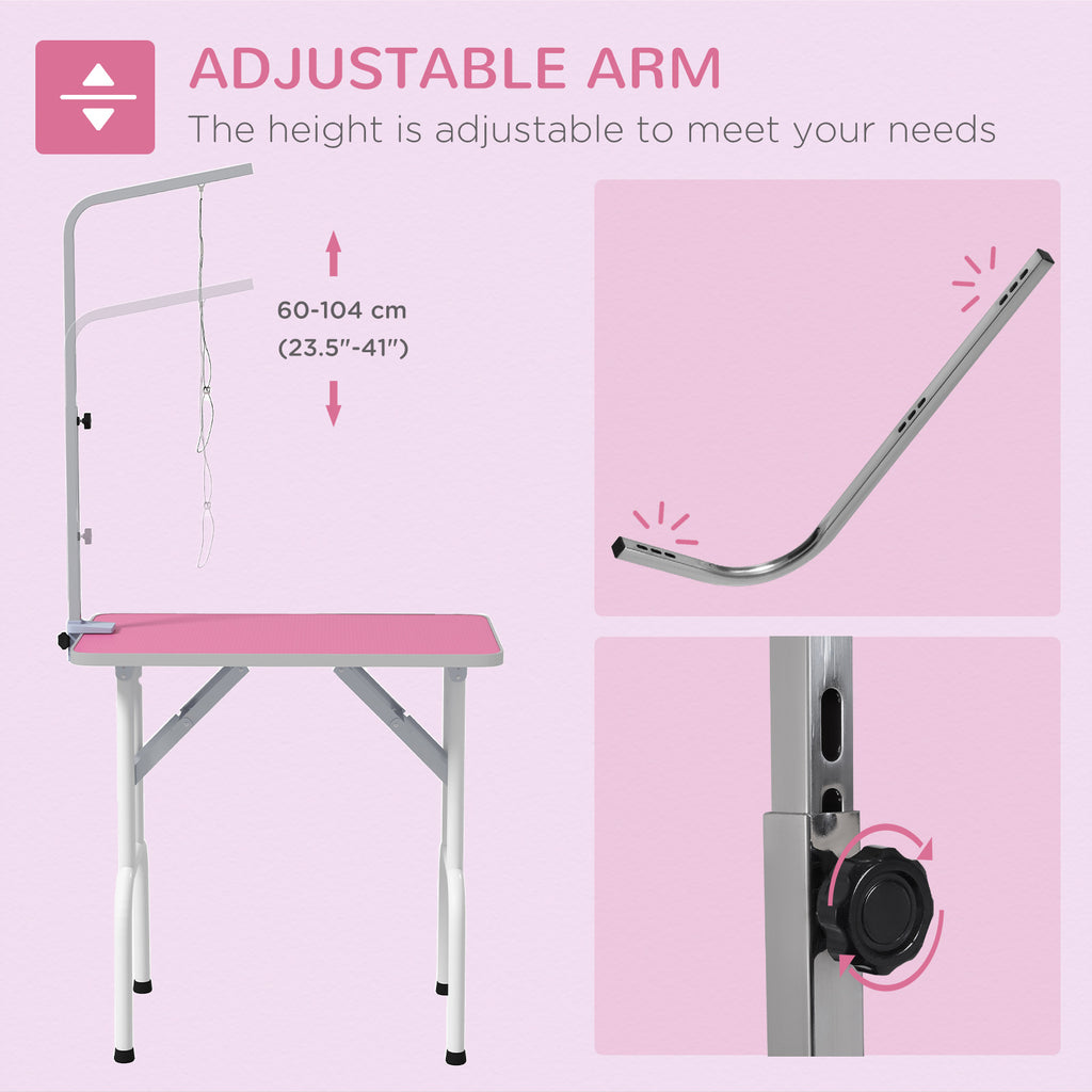 PawHut Foldable Dog Grooming Table with Adjustable Arm 81x48.5x80cm Pink