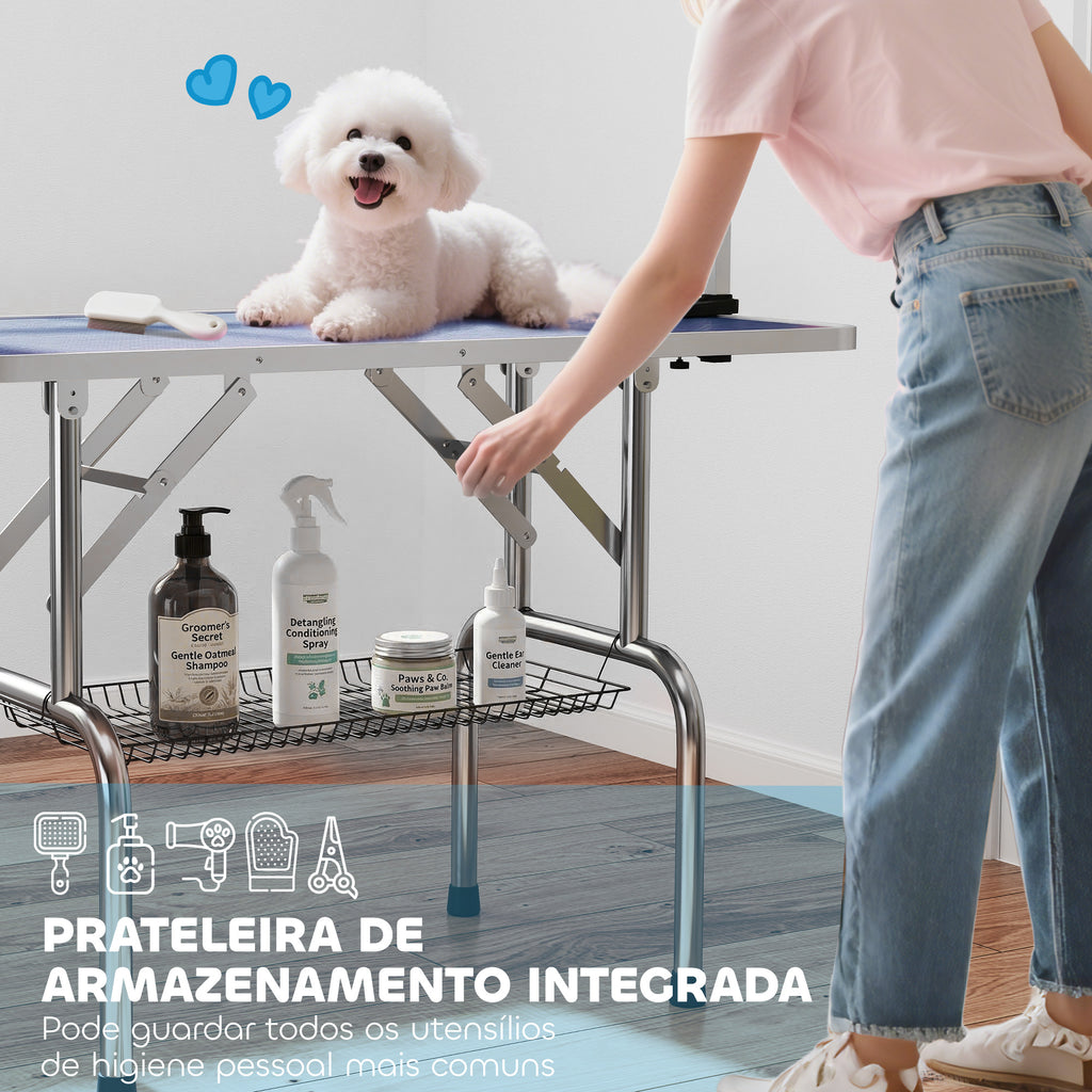PawHut Foldable Dog Grooming Table with Adjustable Arm 107x60x170cm Blue