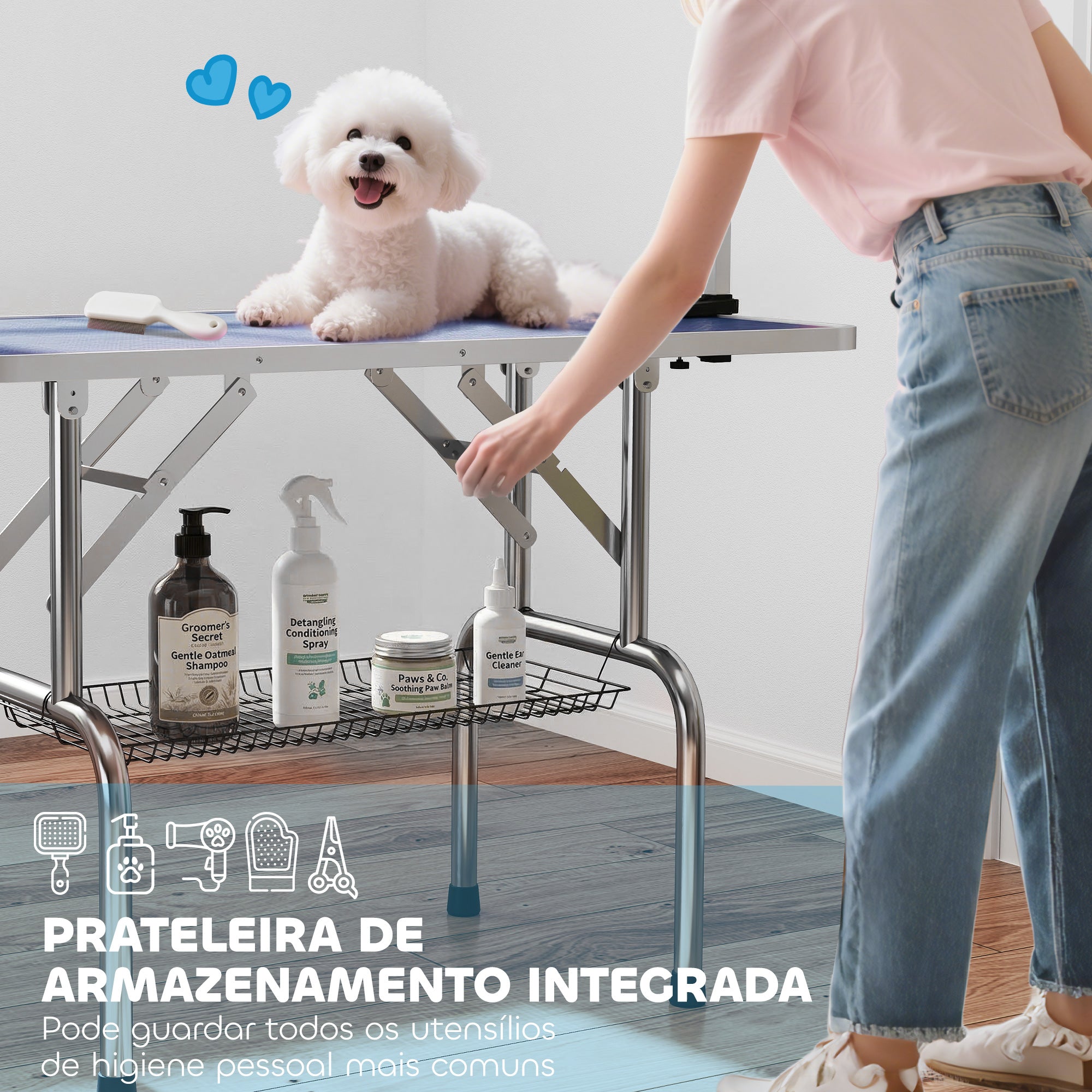PawHut Foldable Dog Grooming Table with Adjustable Arm 107x60x170cm Blue
