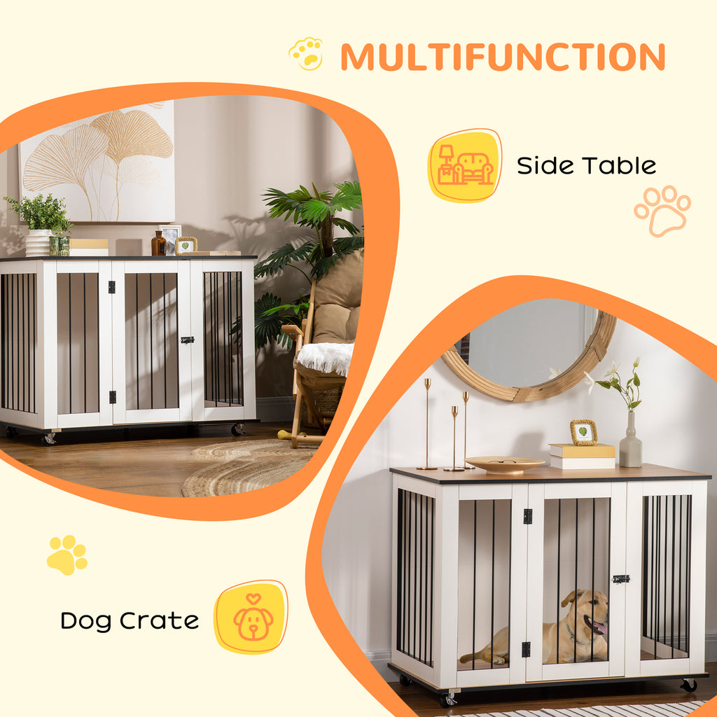 PawHut Dog Crate Furniture End Table With Wheels 106x60x82cm White