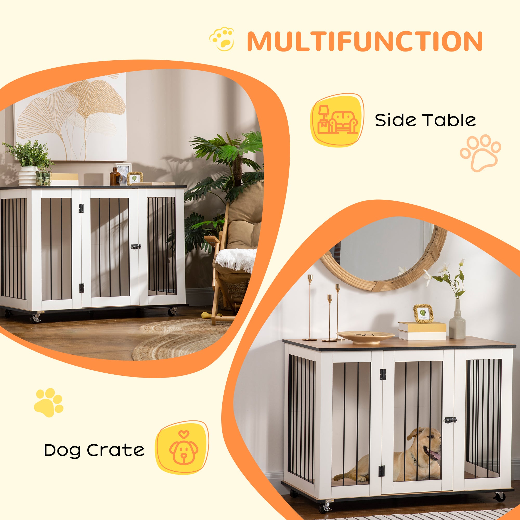 PawHut Dog Crate Furniture End Table With Wheels 106x60x82cm White