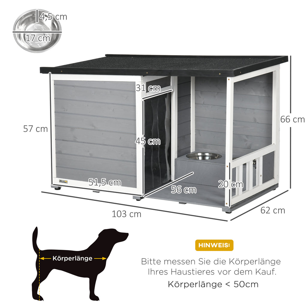 PawHut Solid Wood Dog House with Porch Feeding Bowls 103x62x66cm Gray White