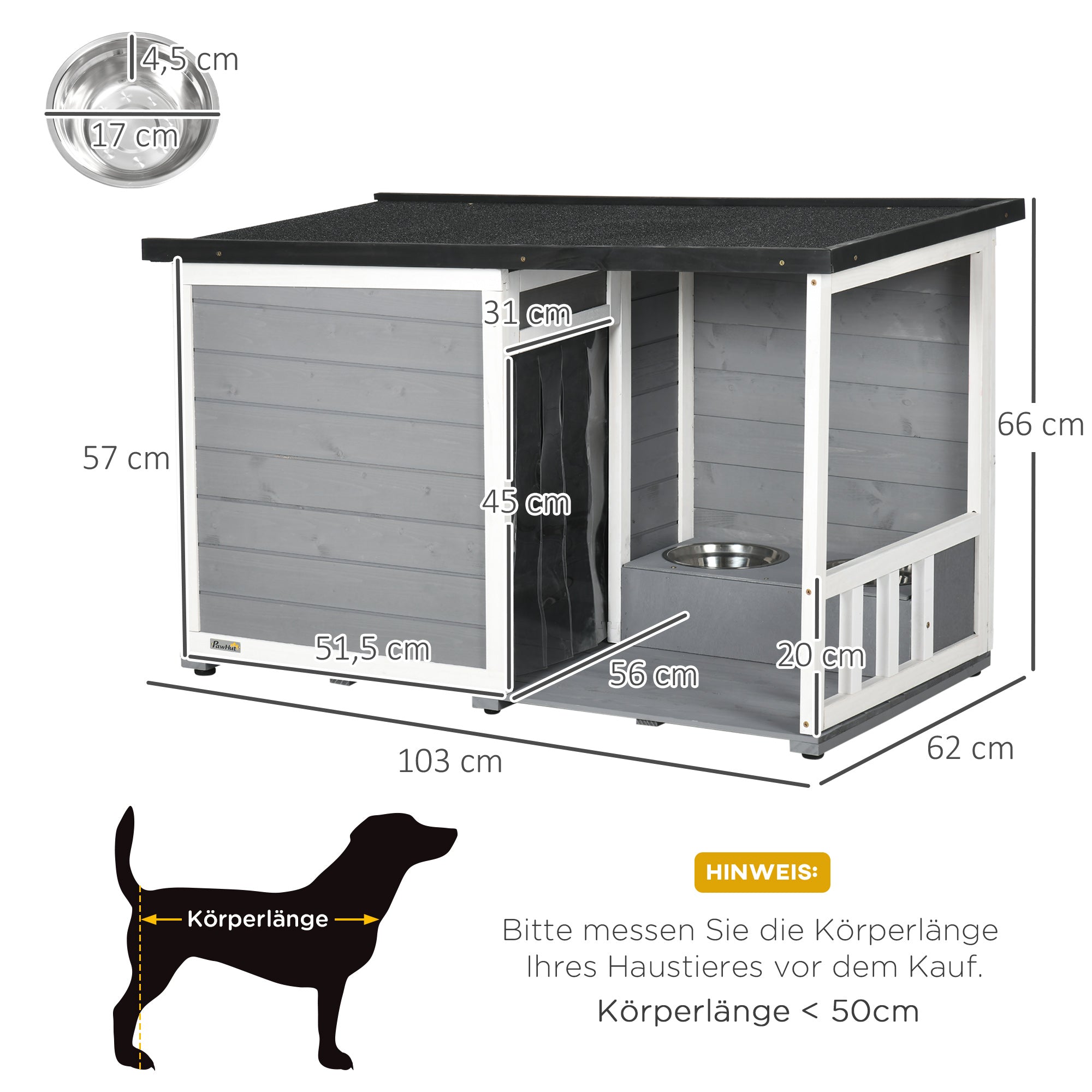 PawHut Solid Wood Dog House with Porch Feeding Bowls 103x62x66cm Gray White