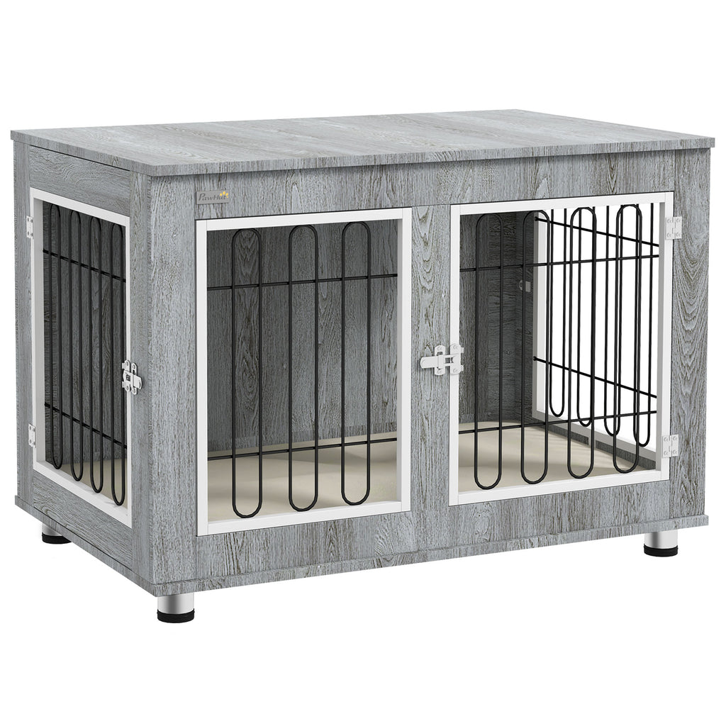 PawHut Dog Crate Furniture End Table Double Doors with Cushion 90x58x65cm Grey