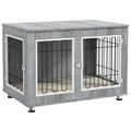 PawHut Dog Crate Furniture End Table Double Doors with Cushion 90x58x65cm Grey
