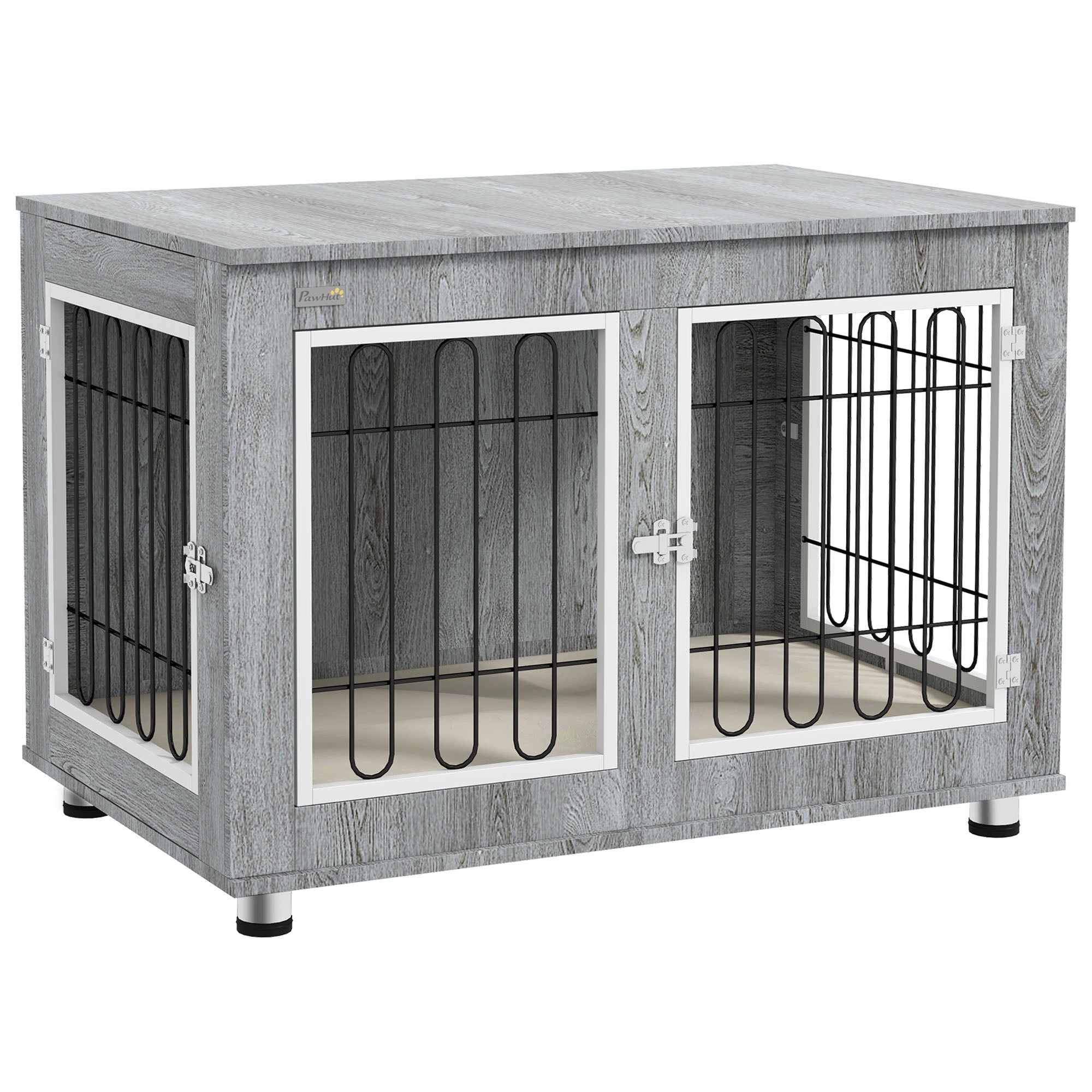 PawHut Dog Crate Furniture End Table Double Doors with Cushion 90x58x65cm Grey