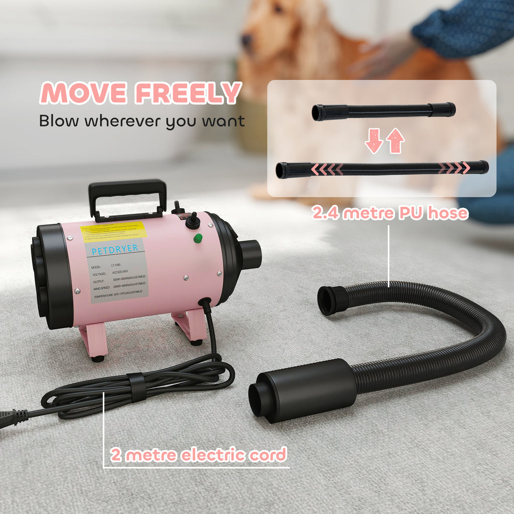PawHut 2200W Dog Hair Dryer with Adjustable Temperature & Velocity, 3 Nozzles, Pink