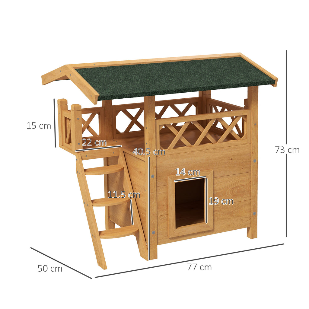 PawHut Cat House Outdoor with Balcony Stairs Roof 77x50x73cm Natural Wood Finish