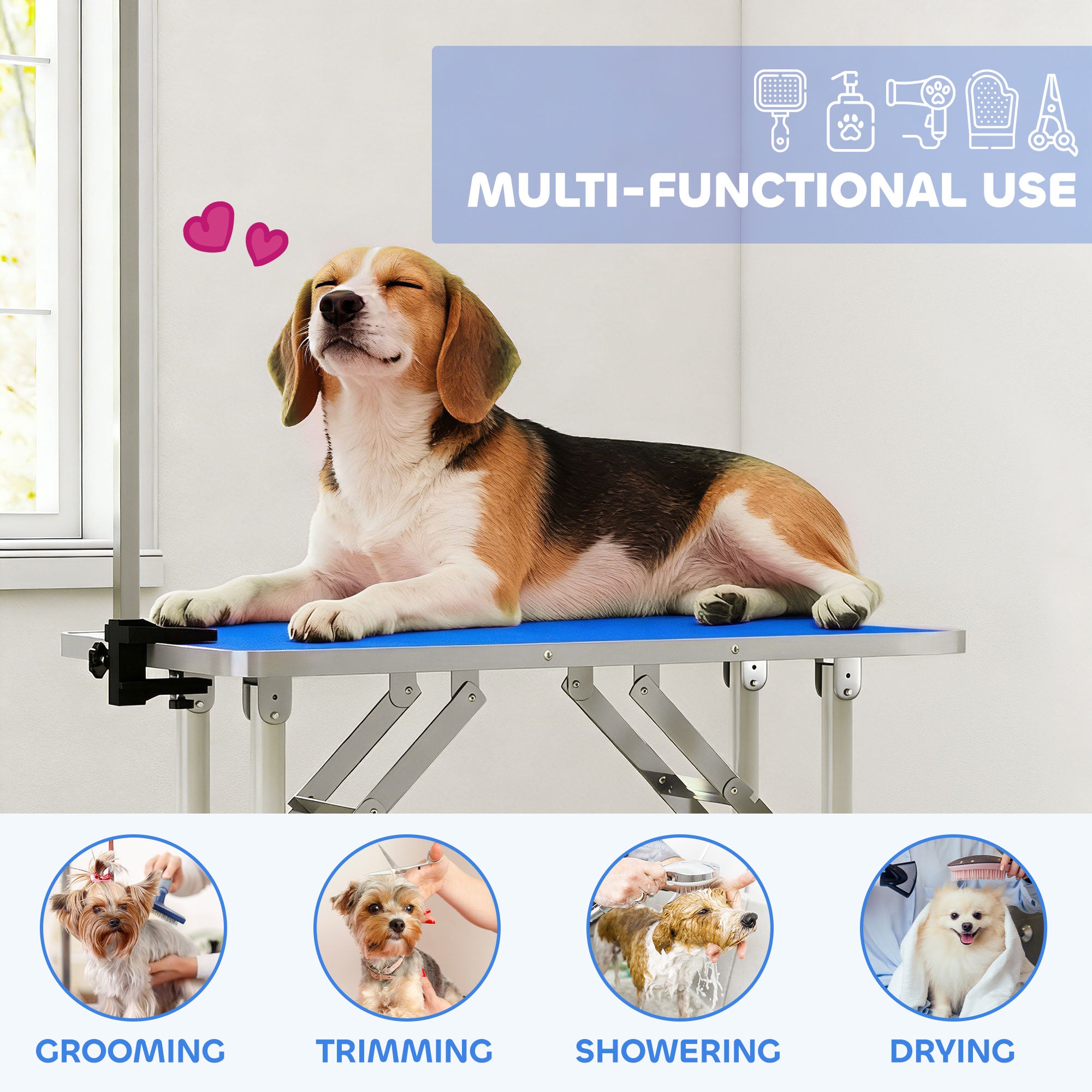 PawHut Foldable Dog Grooming Table with Adjustable Arm 81x48.5x80cm Blue