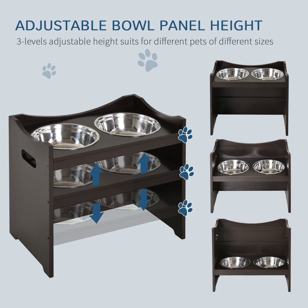 PawHut Raised Dog Bowls Adjustable Pet Feeder 2 Stainless Steel Bowls Brown