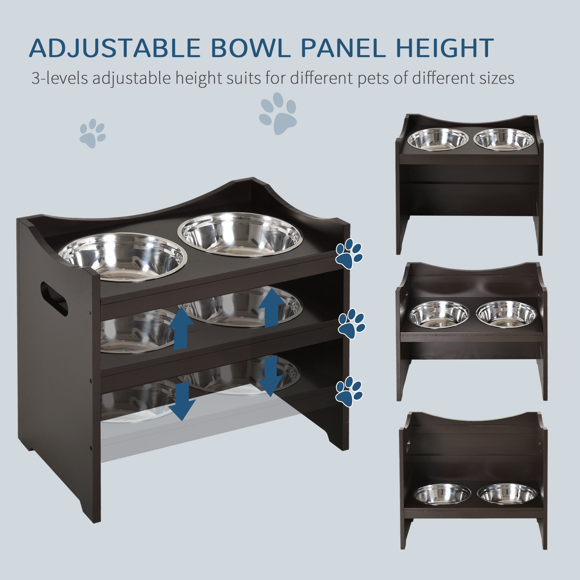 PawHut Raised Dog Bowls Adjustable Pet Feeder 2 Stainless Steel Bowls Brown