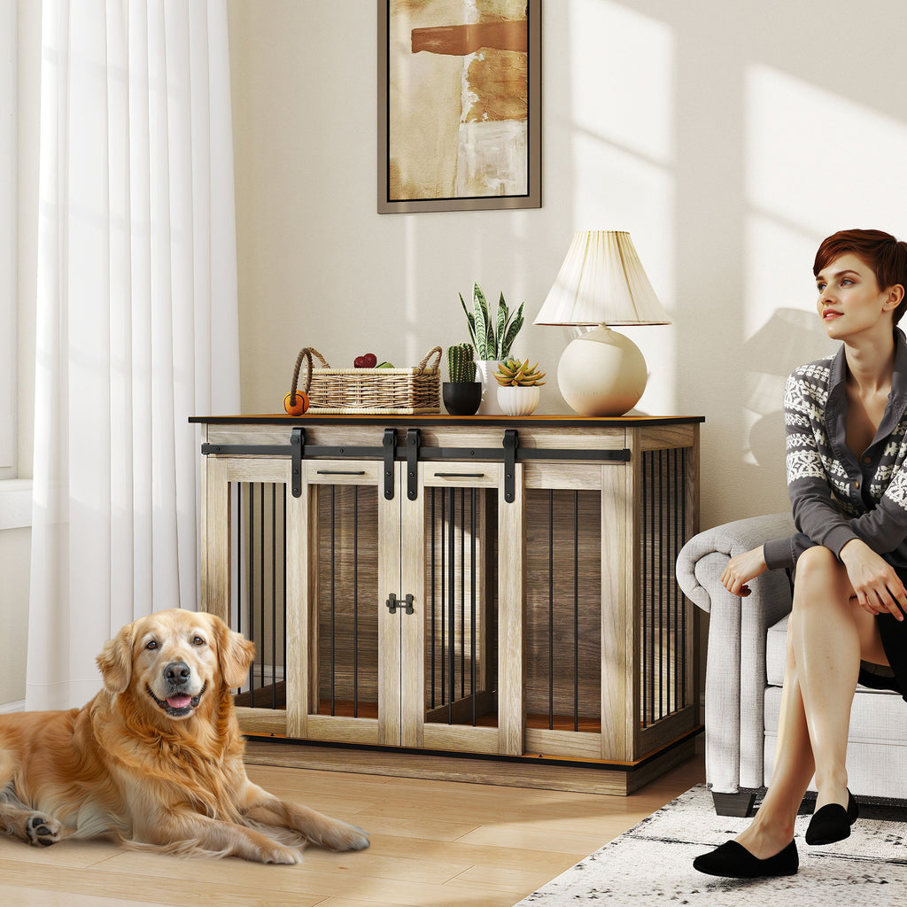 PawHut Dog Crate Furniture Double Door with Divider 120x60x88.5cm Oak
