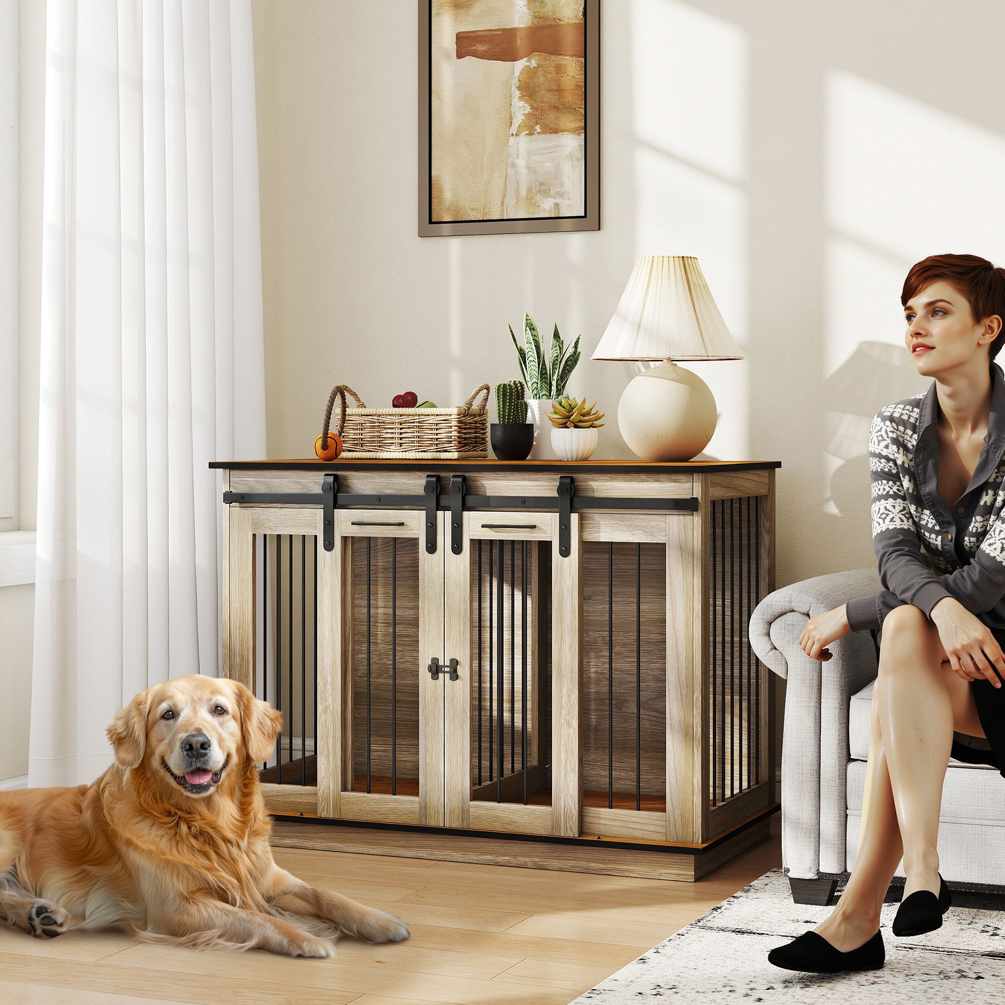 PawHut Dog Crate Furniture Double Door with Divider 120x60x88.5cm Oak