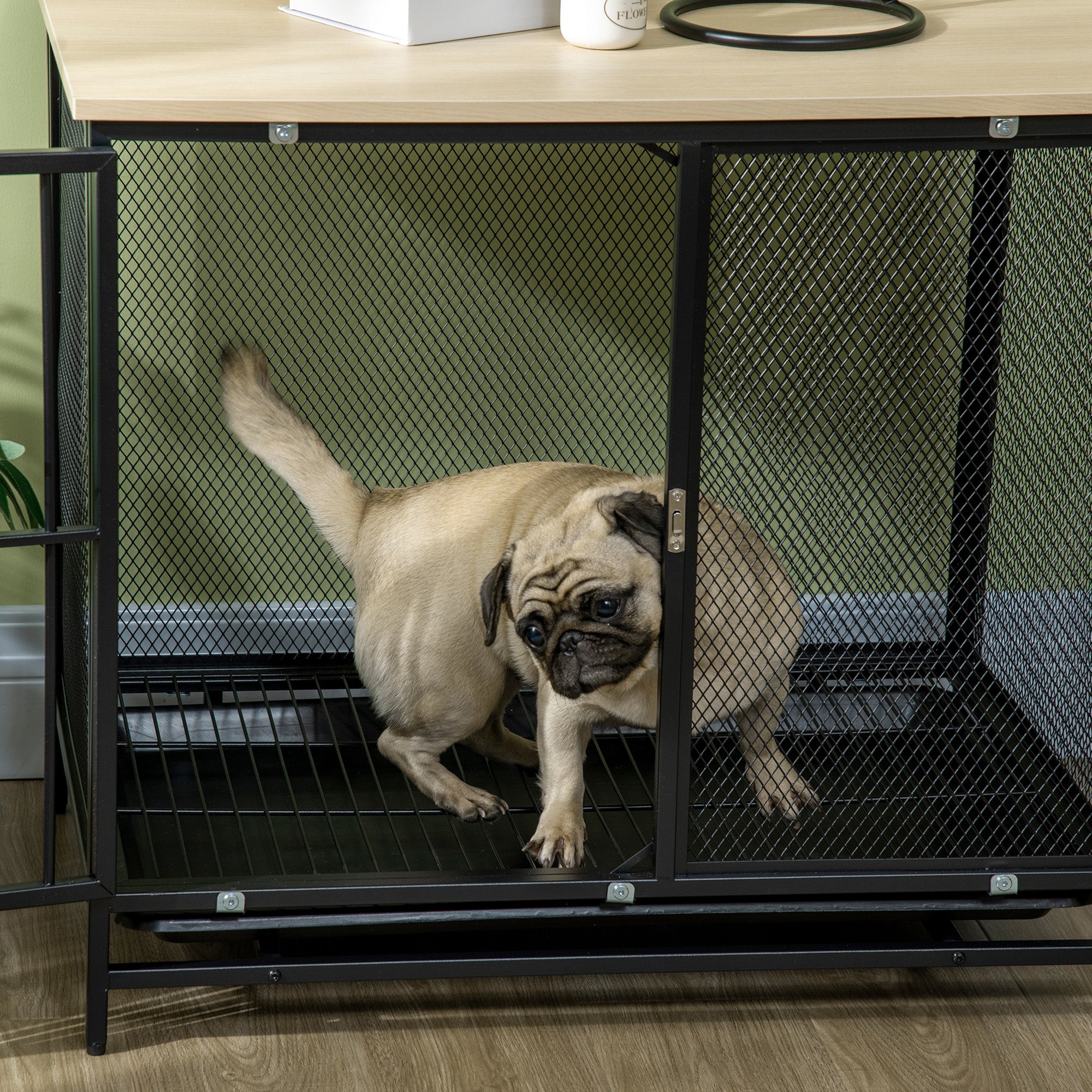 PawHut Dog Crate Furniture End Table with Water-Resistant Mat 80x55x71cm Oak+Black