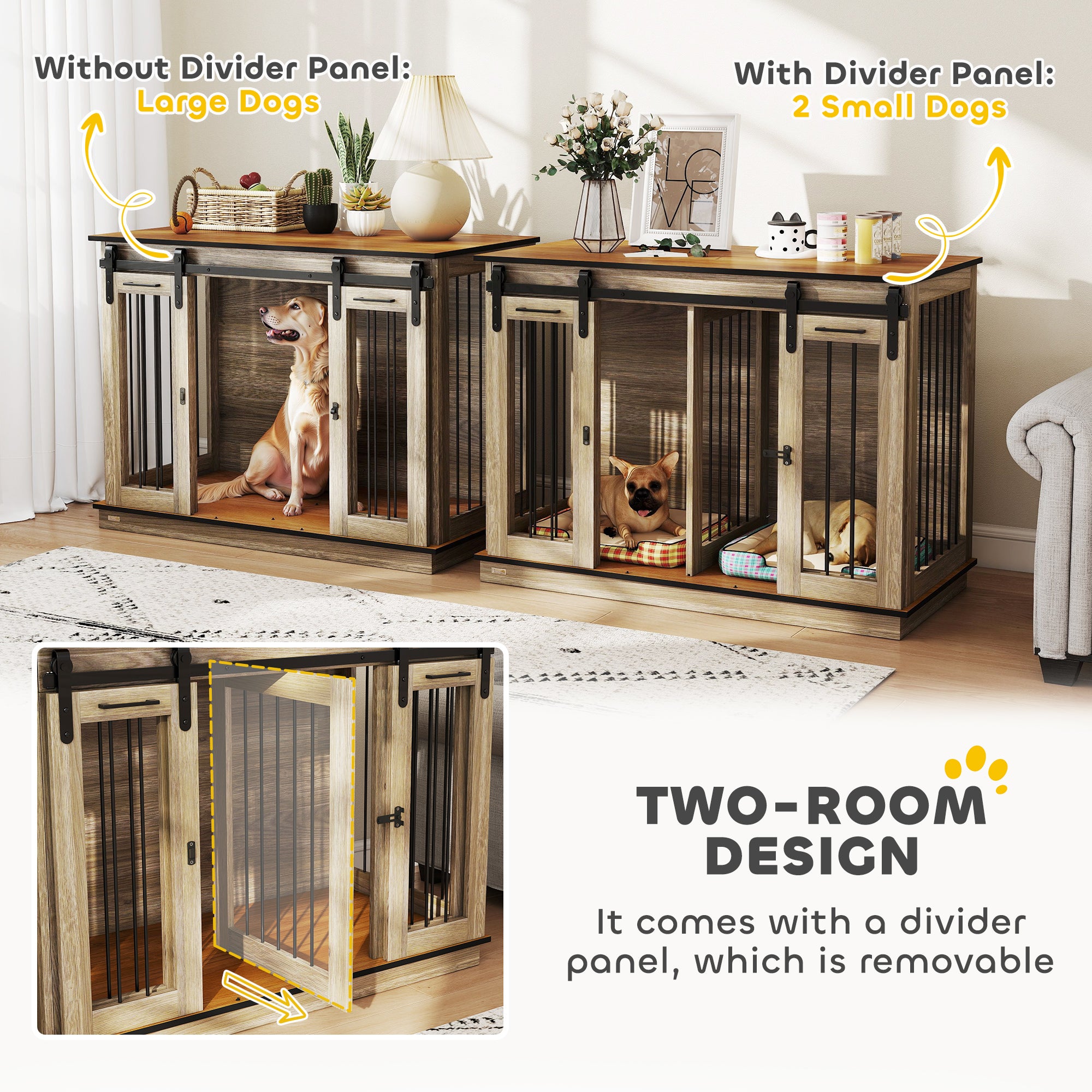 PawHut Dog Crate Furniture Double Door with Divider 120x60x88.5cm Oak