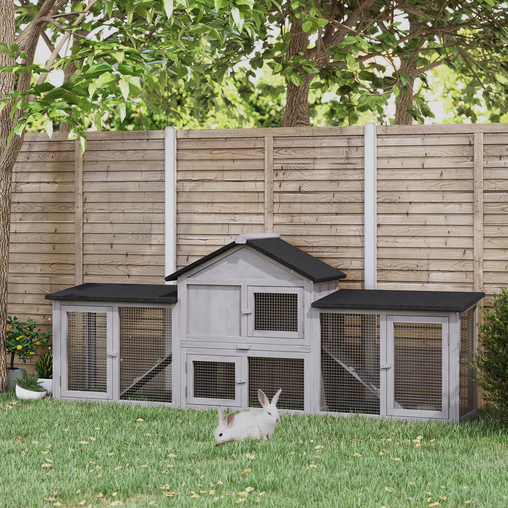 PawHut Small Animal Hutch with 2 Outdoor Runs Asphalt Roof Fir Wood Gray + Black