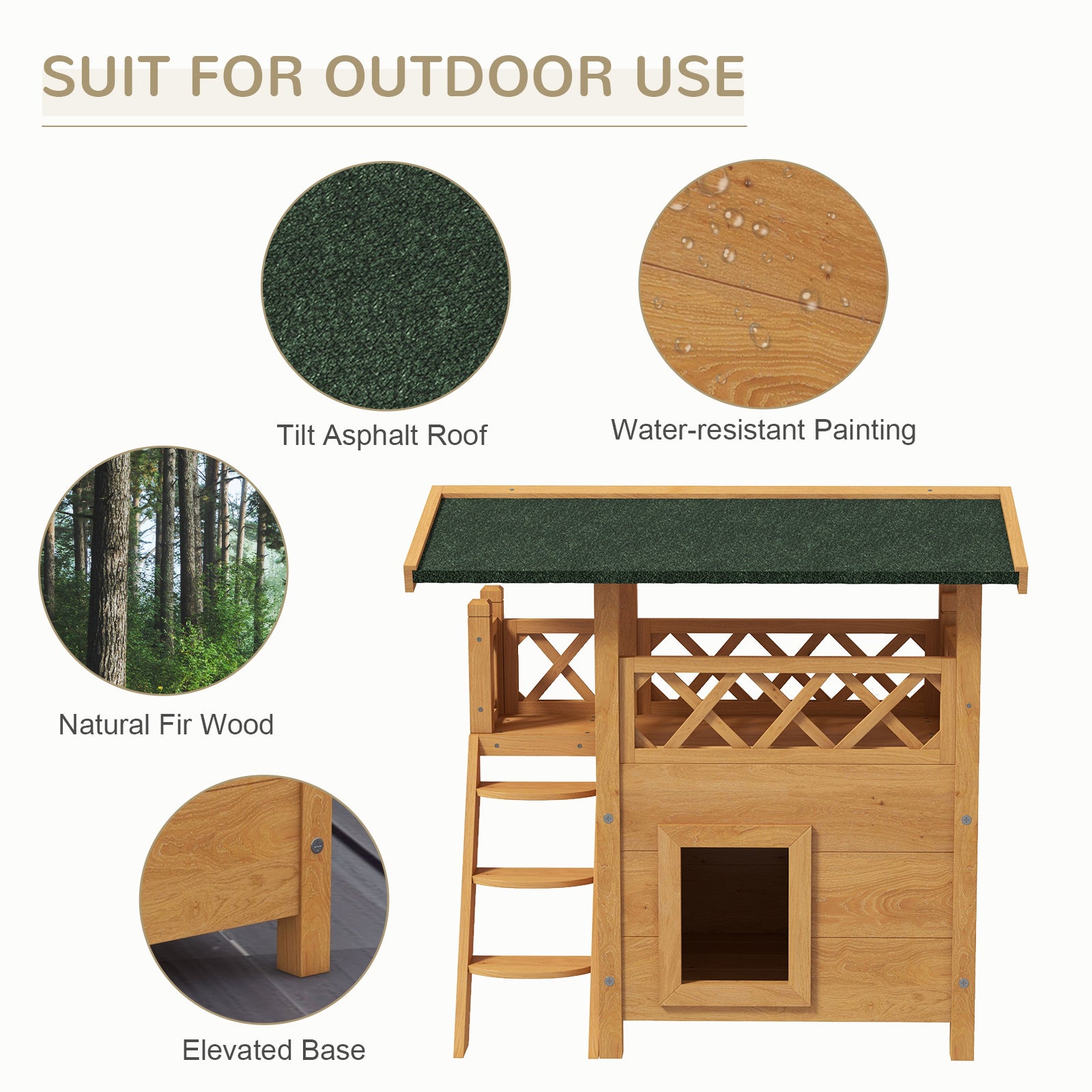 PawHut Cat House Outdoor with Balcony Stairs Roof 77x50x73cm Natural Wood Finish