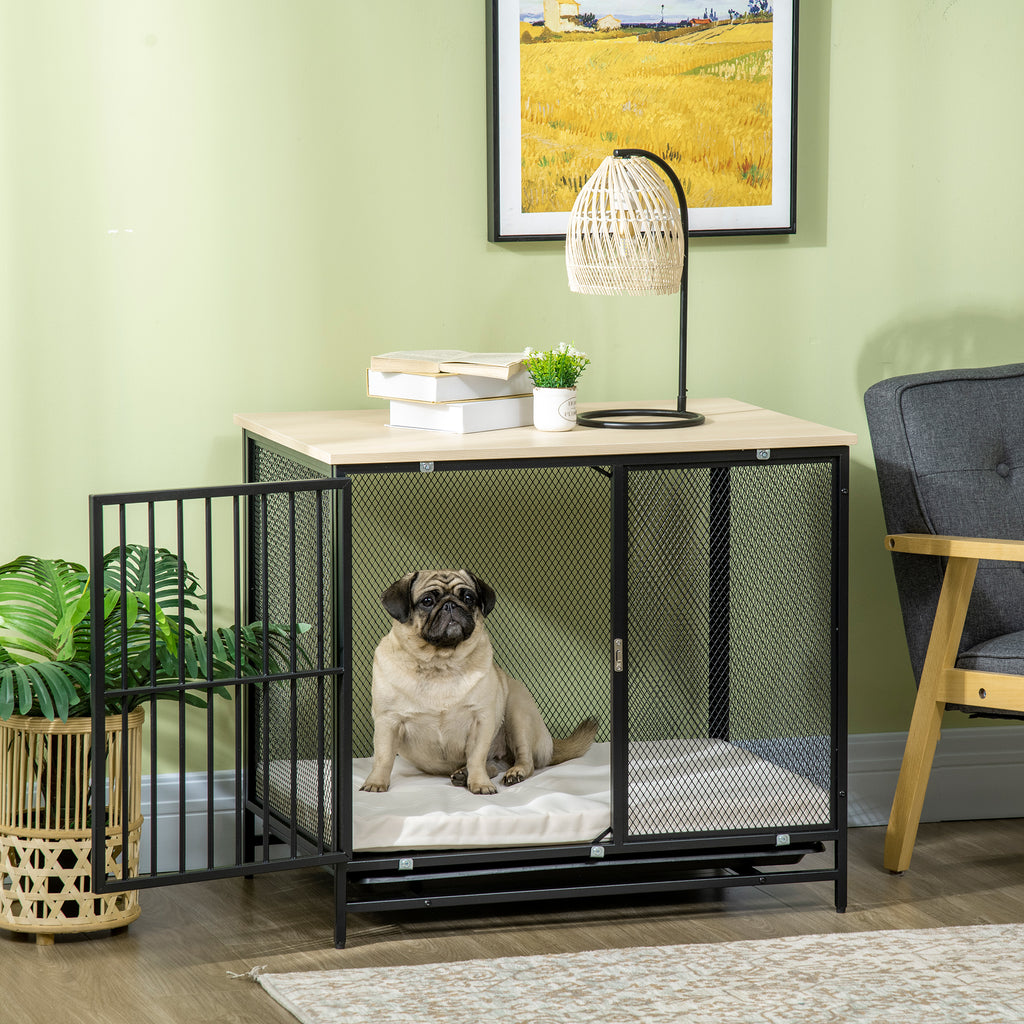 PawHut Dog Crate Furniture End Table with Water-Resistant Mat 80x55x71cm Oak+Black