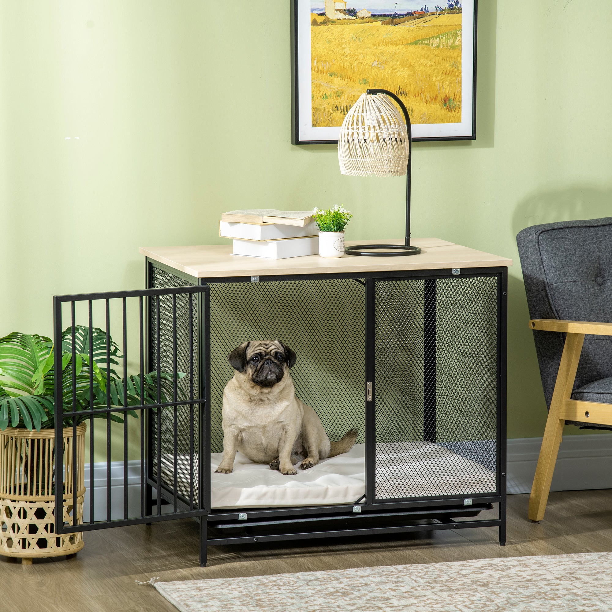 PawHut Dog Crate Furniture End Table with Water-Resistant Mat 80x55x71cm Oak+Black