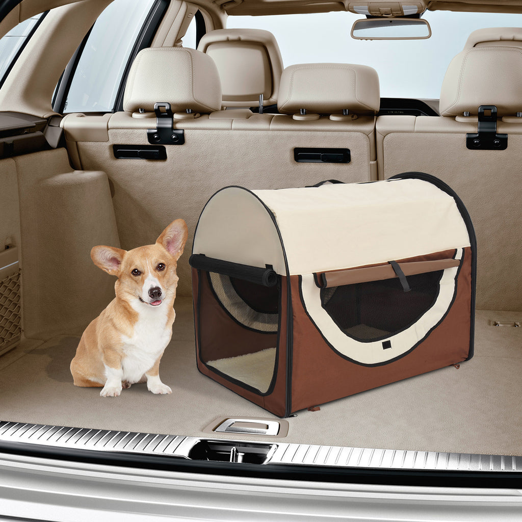 PawHut Soft Sided Pet Carrier Folding Dog Crate Travel Cage Brown