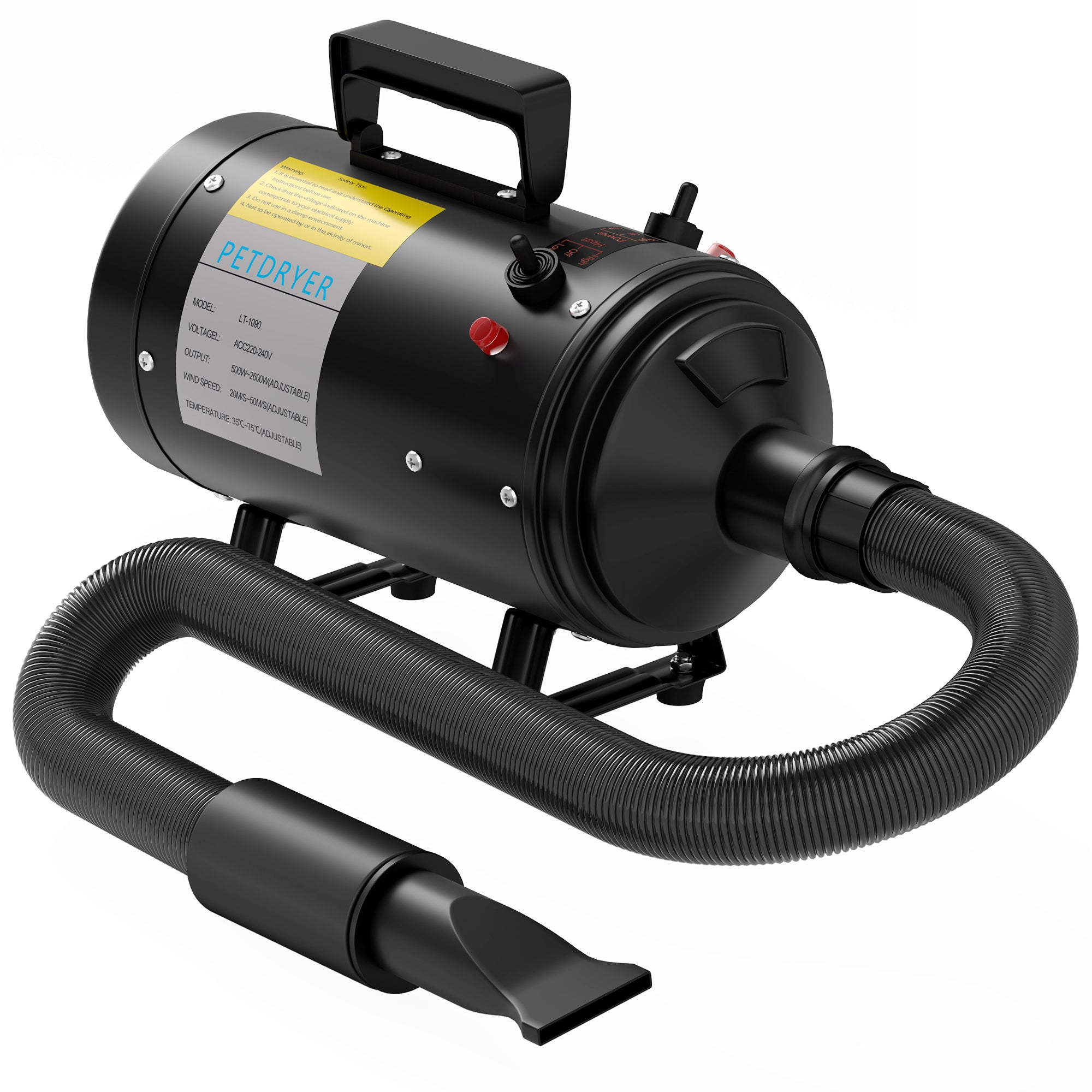 PawHut 2200W Dog Hair Dryer with Adjustable Temperature & Velocity, 3 Nozzles, Black
