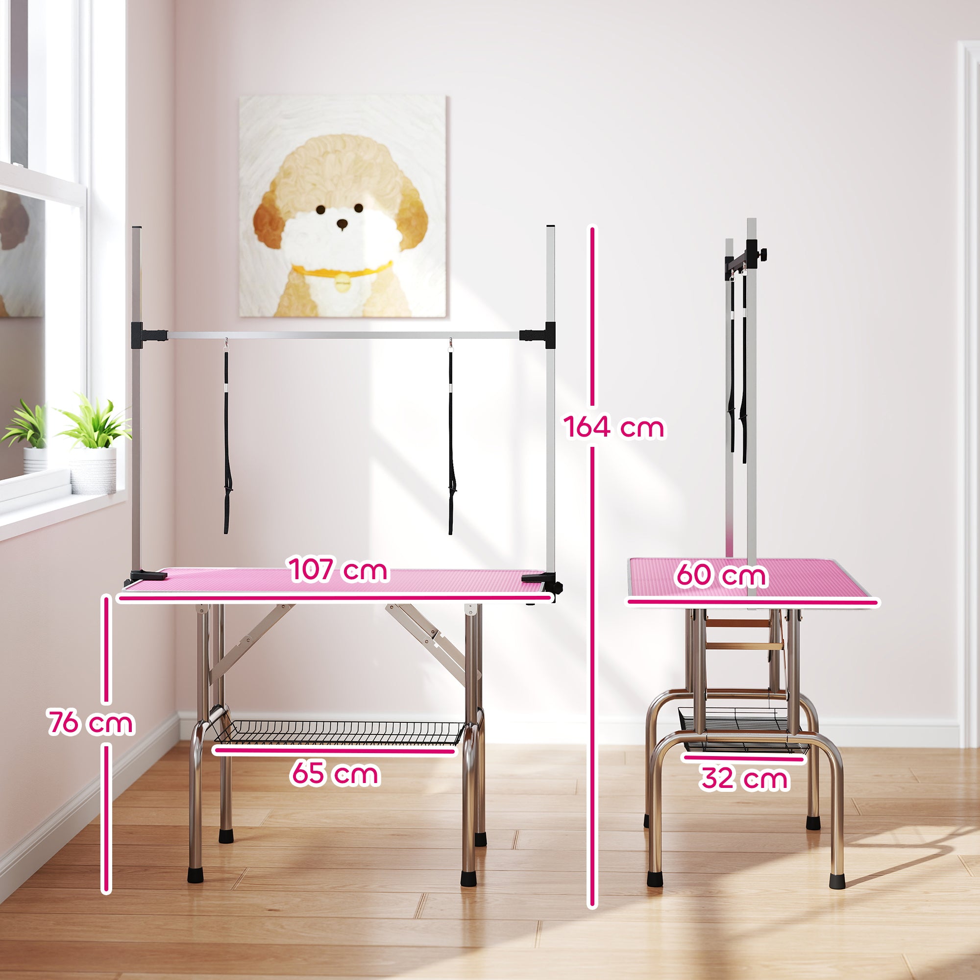 PawHut Foldable Dog Grooming Table with Adjustable Arm 107x60x164cm Pink