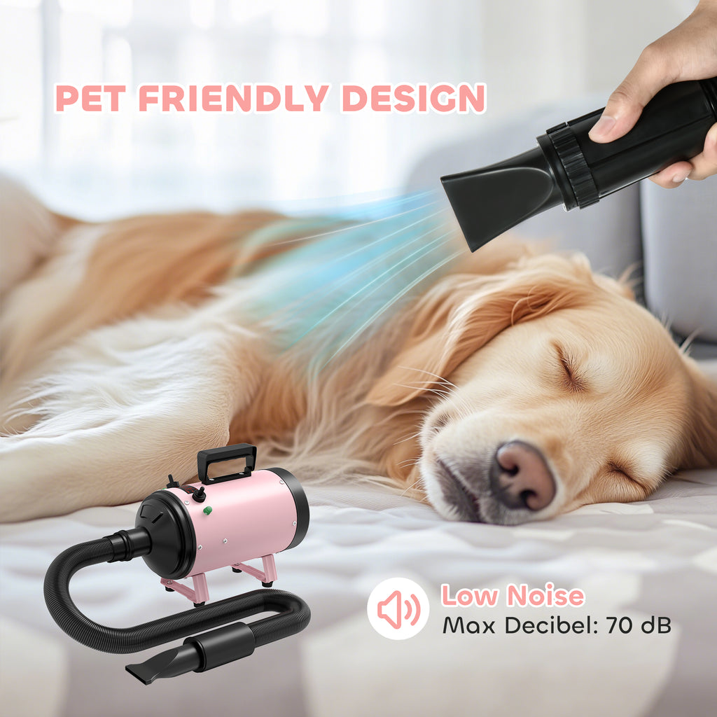 PawHut 2200W Dog Hair Dryer with Adjustable Temperature & Velocity, 3 Nozzles, Pink