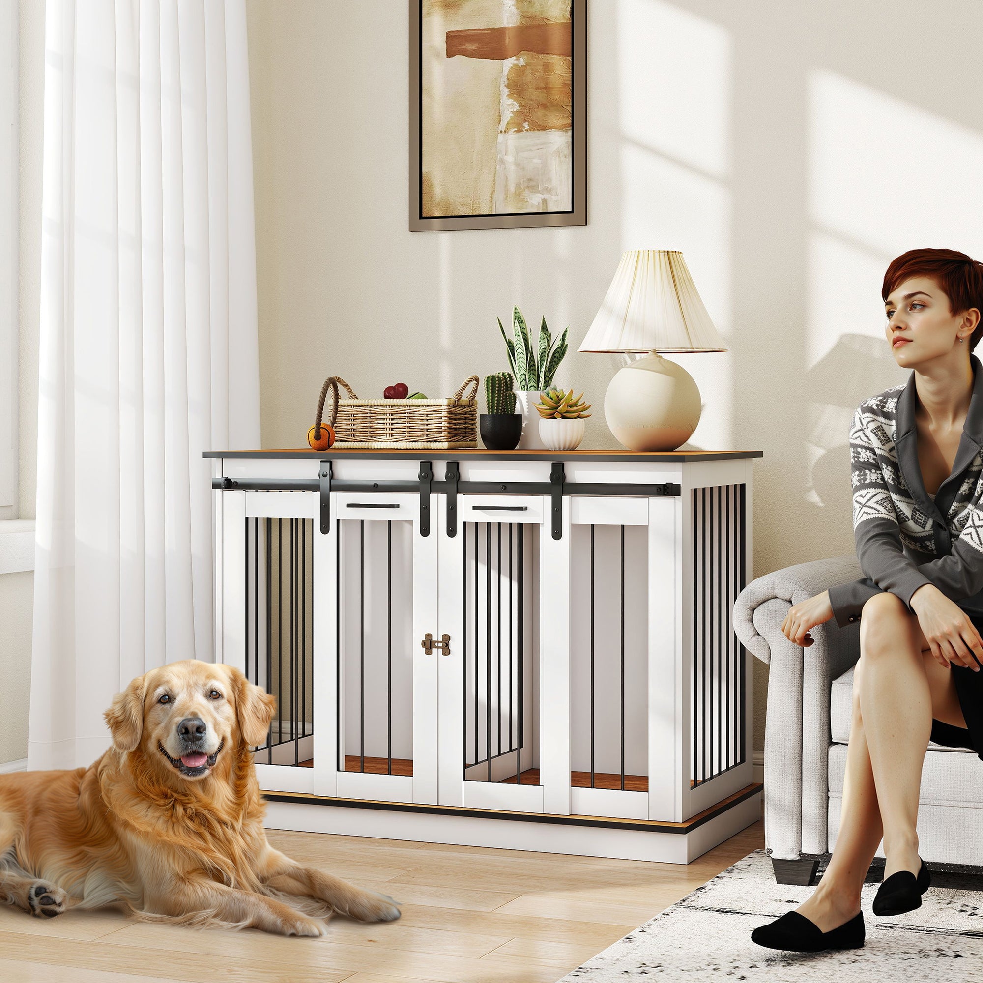 PawHut Dog Crate Furniture Double Door with Divider 120x60x88.5cm Oak
