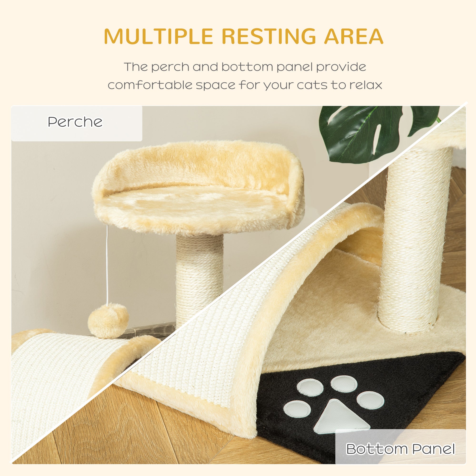 PawHut Cat Tree Scratching Post Kitten Activity Centre Climber Hanging Ball Beige