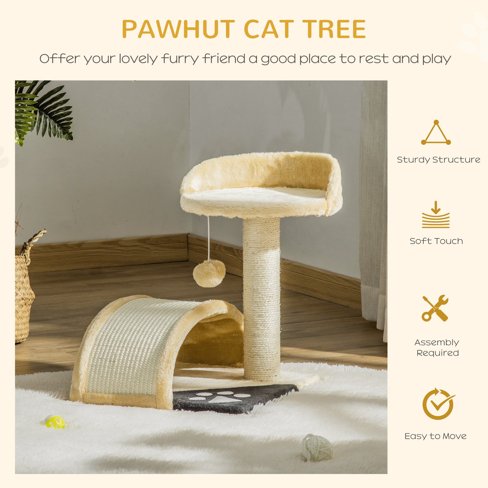 PawHut Cat Tree Scratching Post Kitten Activity Centre Climber Hanging Ball Beige
