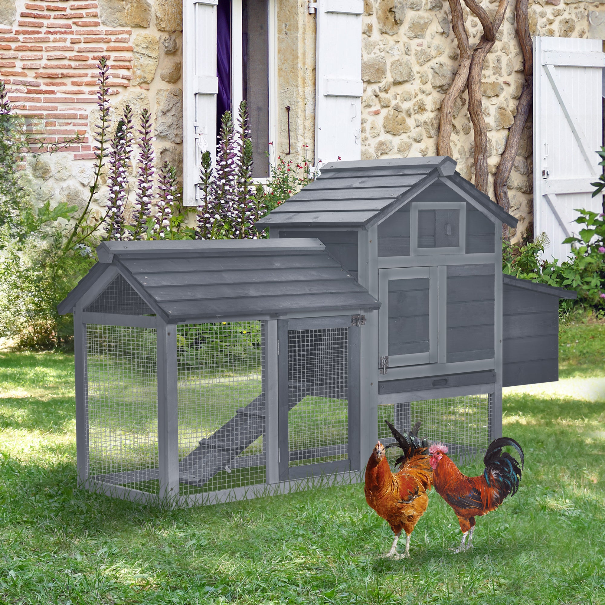 PawHut Small Chicken Coop with Run Hen House Poultry Nesting Box Grey