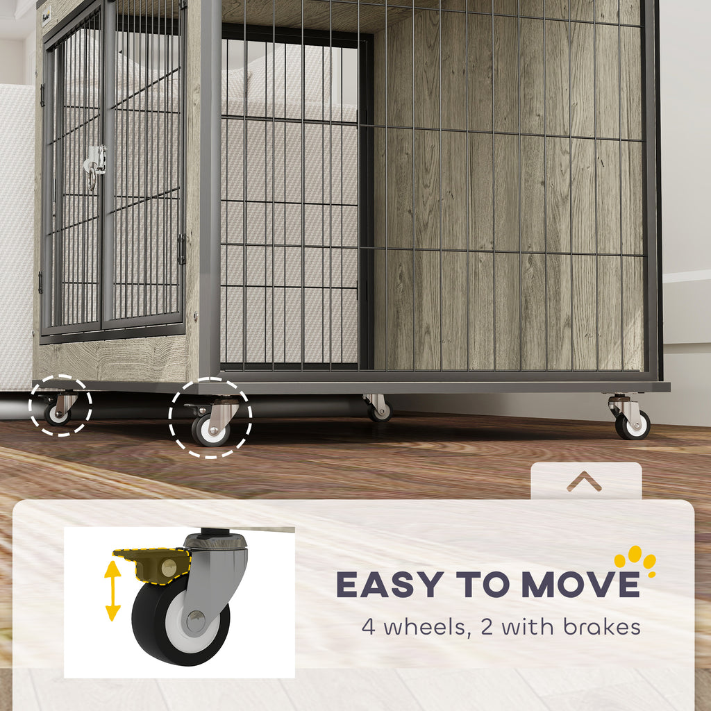 PawHut Dog Crate Furniture with Wheels Double Doors for Medium Dogs Grey