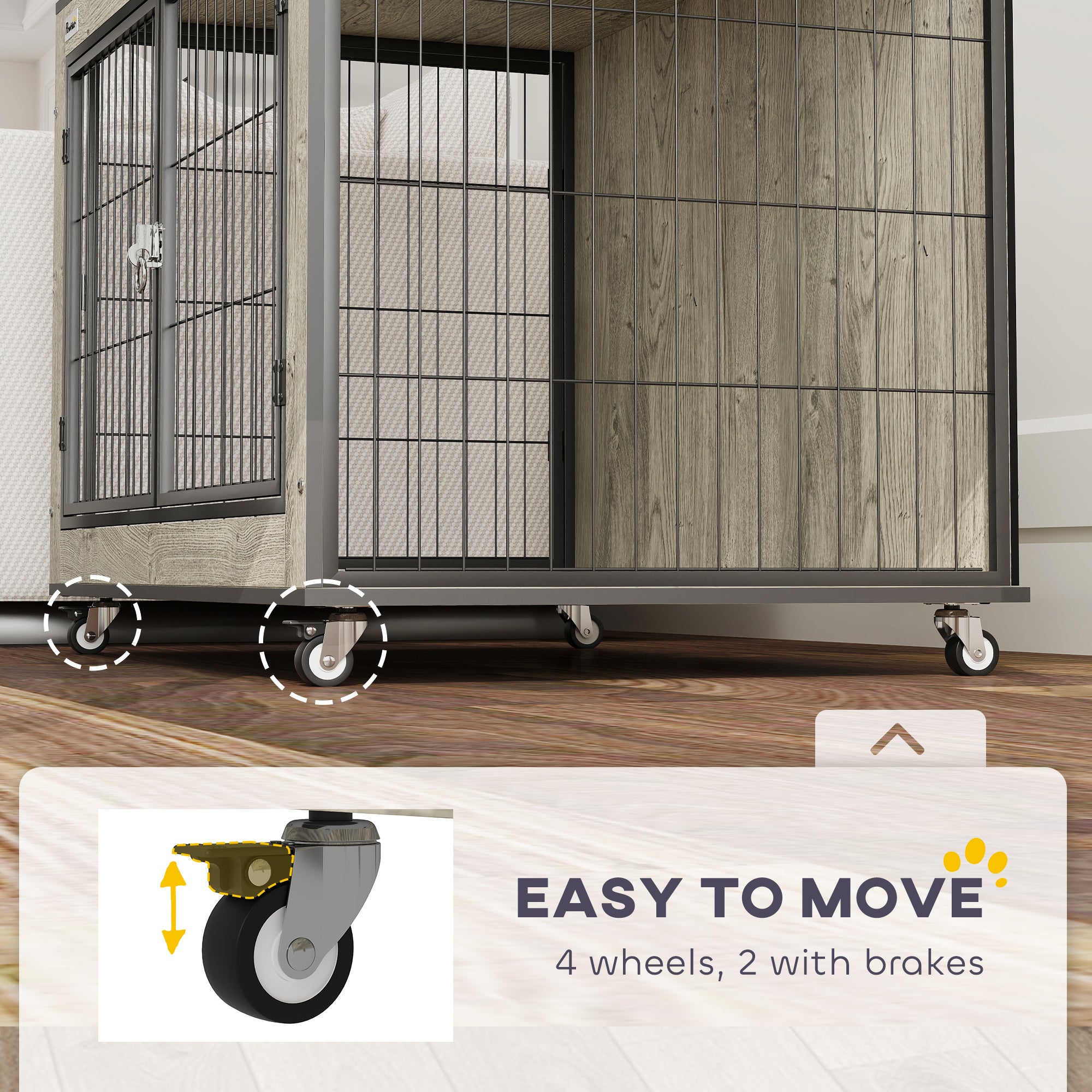 PawHut Dog Crate Furniture with Wheels Double Doors for Medium Dogs Grey