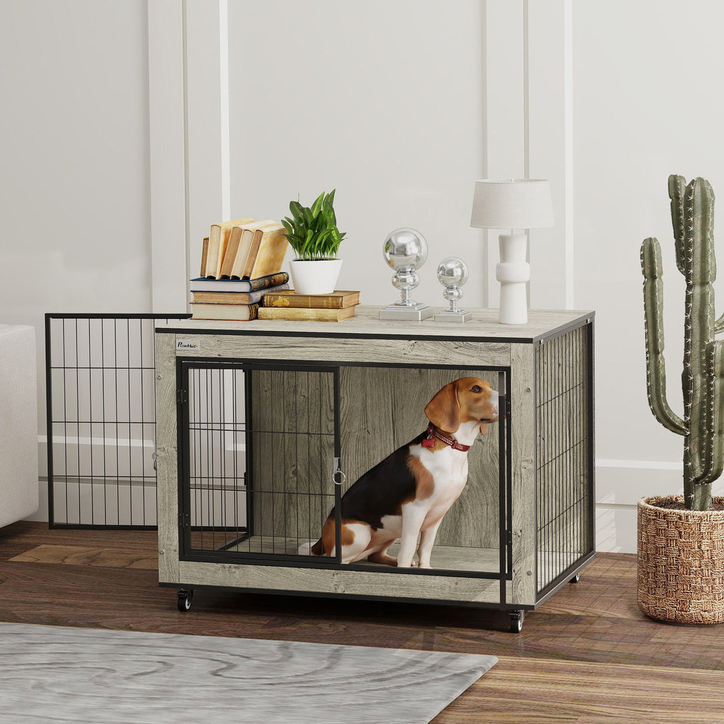 PawHut Dog Crate Furniture with Wheels Double Doors for Medium Dogs Grey