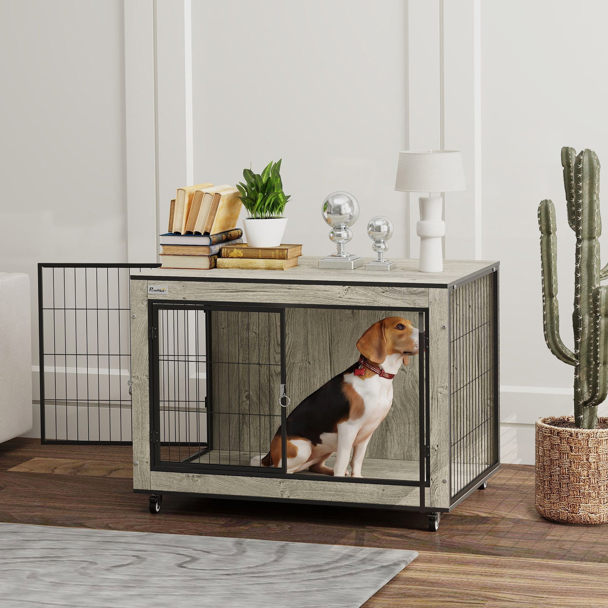 PawHut Dog Crate Furniture with Wheels Double Doors for Medium Dogs Grey