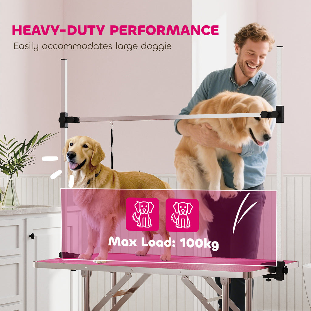 PawHut Foldable Dog Grooming Table with Adjustable Arm 107x60x164cm Pink