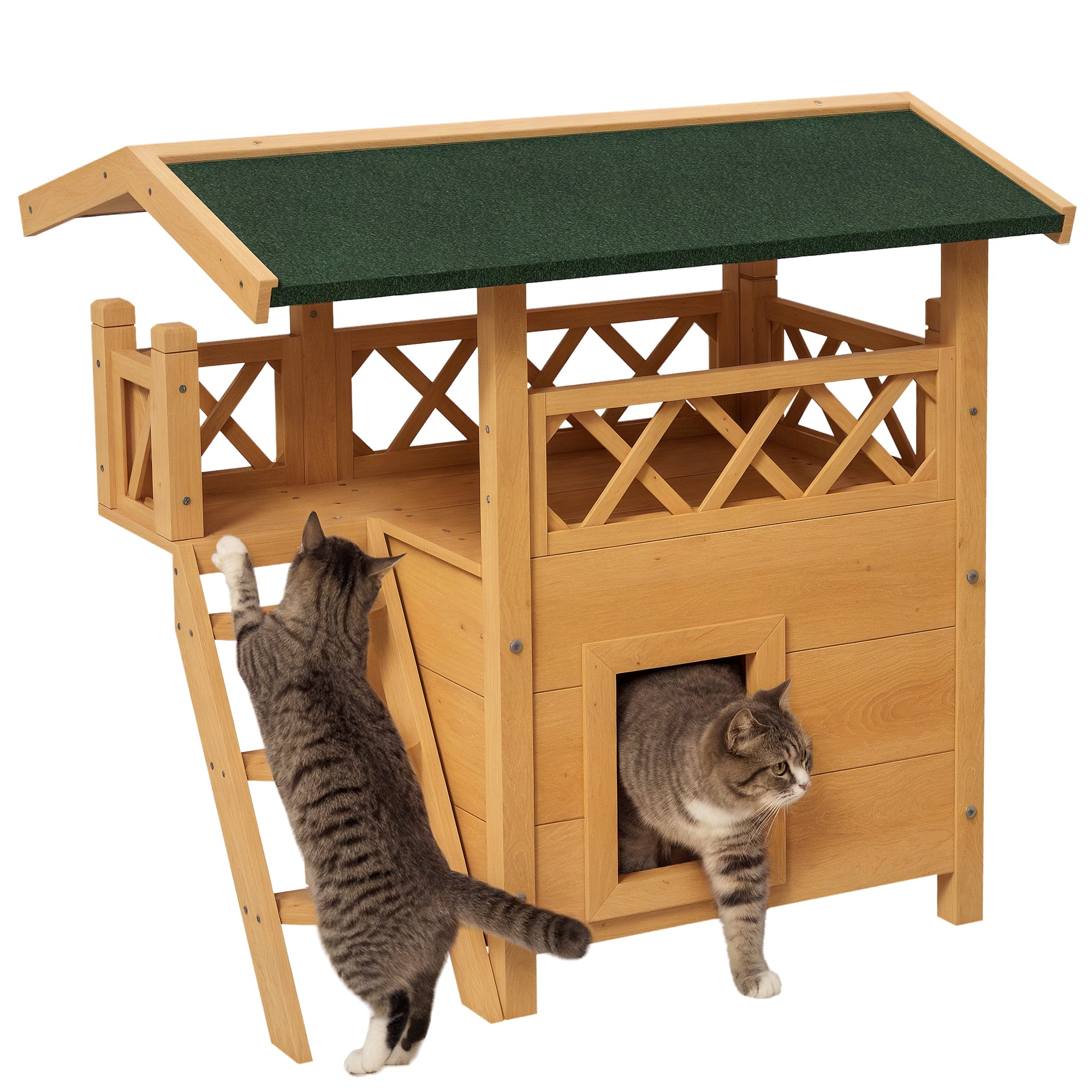PawHut Cat House Outdoor with Balcony Stairs Roof 77x50x73cm Natural Wood Finish