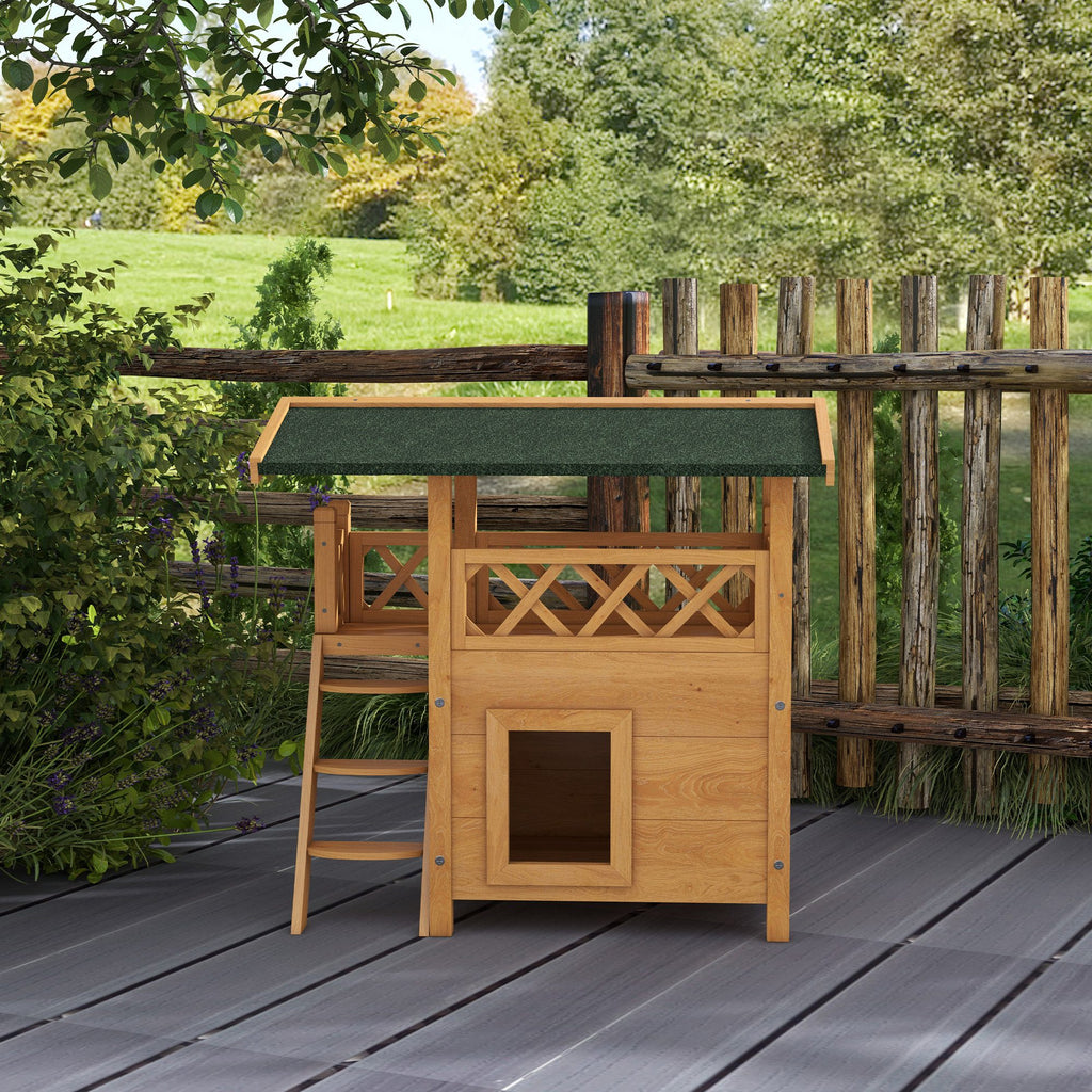 PawHut Cat House Outdoor with Balcony Stairs Roof 77x50x73cm Natural Wood Finish