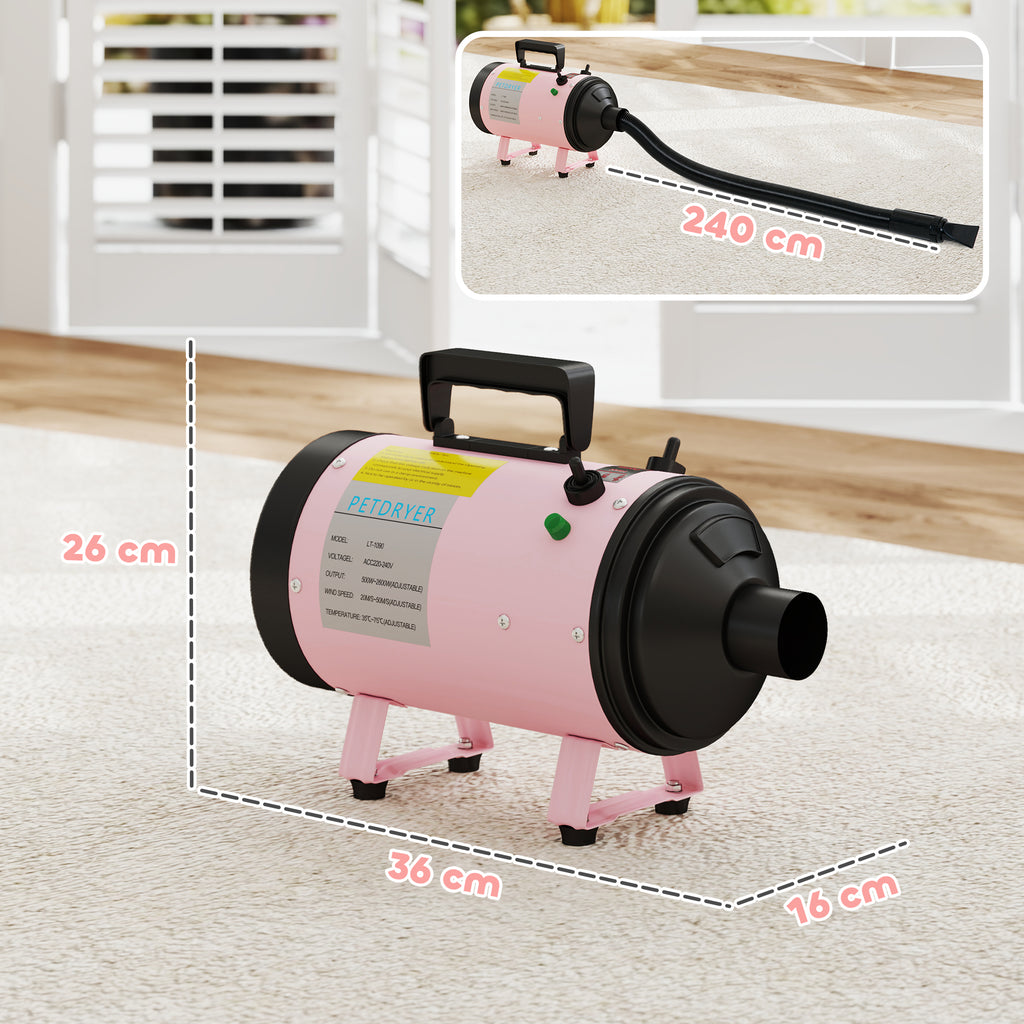 PawHut 2200W Dog Hair Dryer with Adjustable Temperature & Velocity, 3 Nozzles, Pink