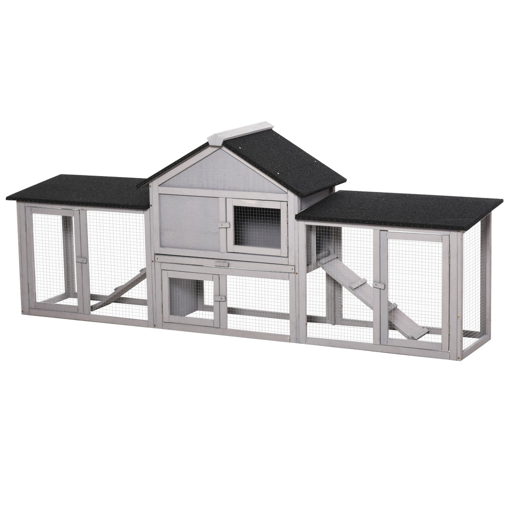 PawHut Small Animal Hutch with 2 Outdoor Runs Asphalt Roof Fir Wood Gray + Black