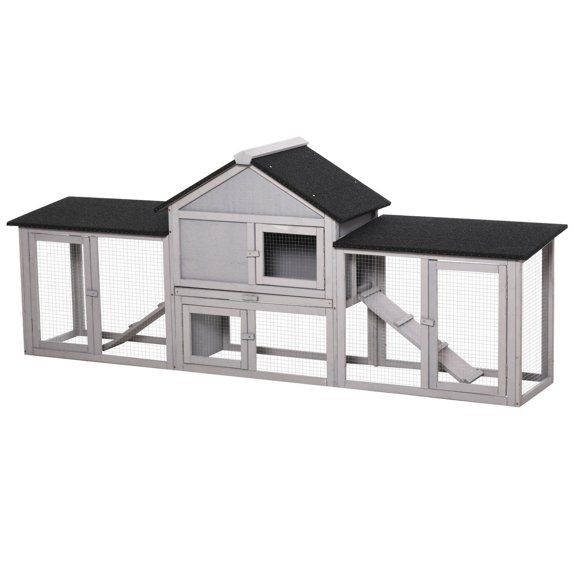 PawHut Small Animal Hutch with 2 Outdoor Runs Asphalt Roof Fir Wood Gray + Black