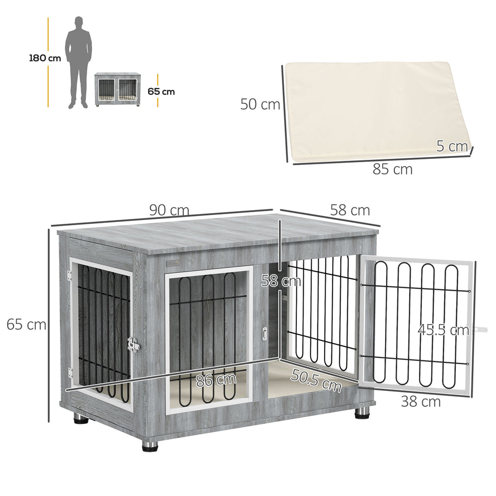 PawHut Dog Crate Furniture End Table Double Doors with Cushion 90x58x65cm Grey