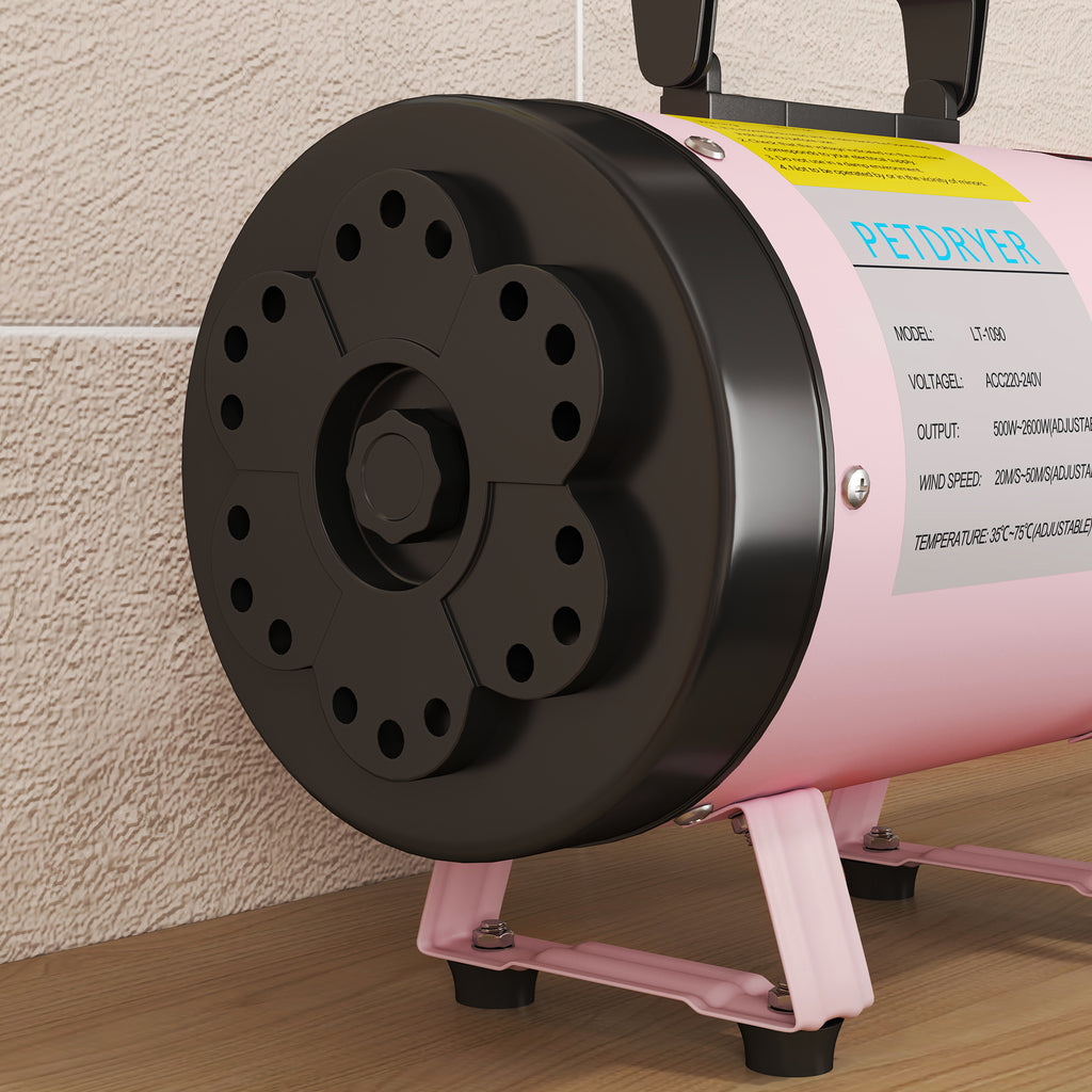 PawHut 2200W Dog Hair Dryer with Adjustable Temperature & Velocity, 3 Nozzles, Pink
