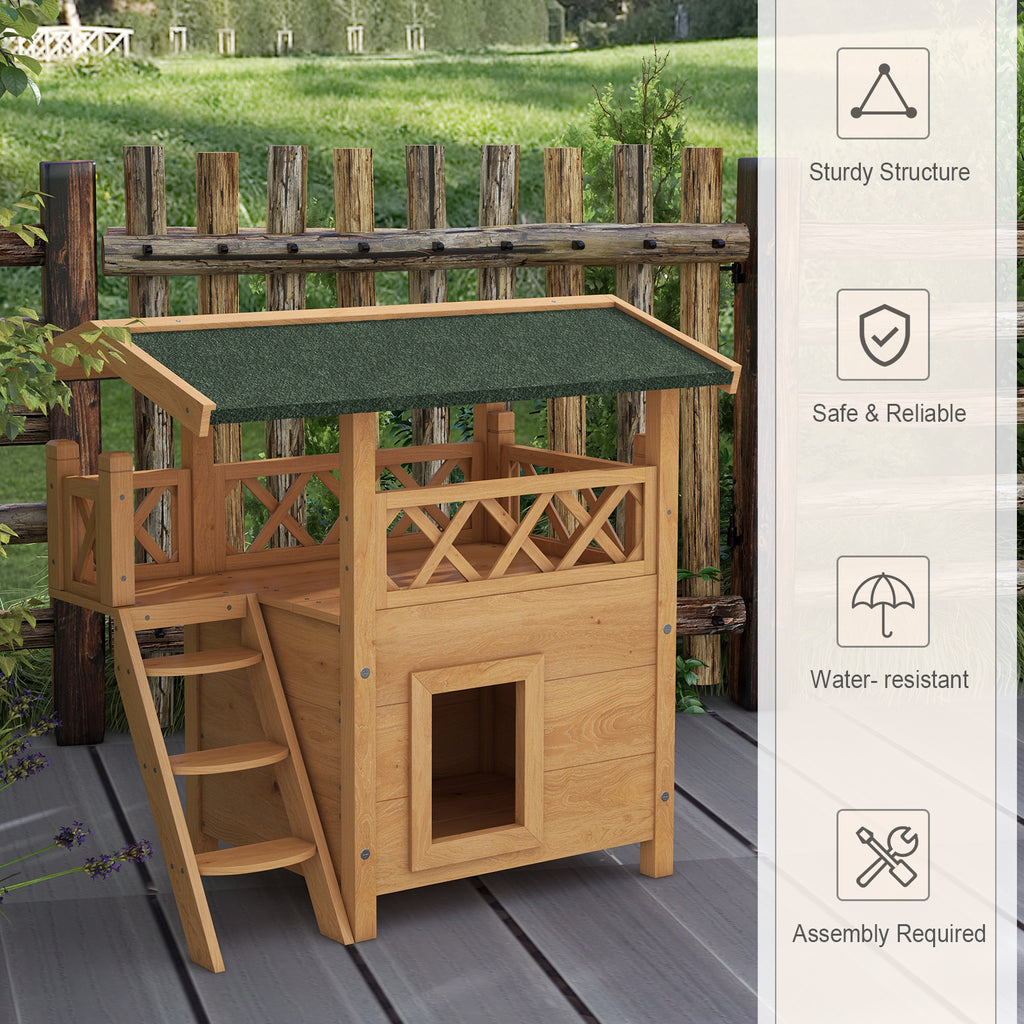 PawHut Cat House Outdoor with Balcony Stairs Roof 77x50x73cm Natural Wood Finish