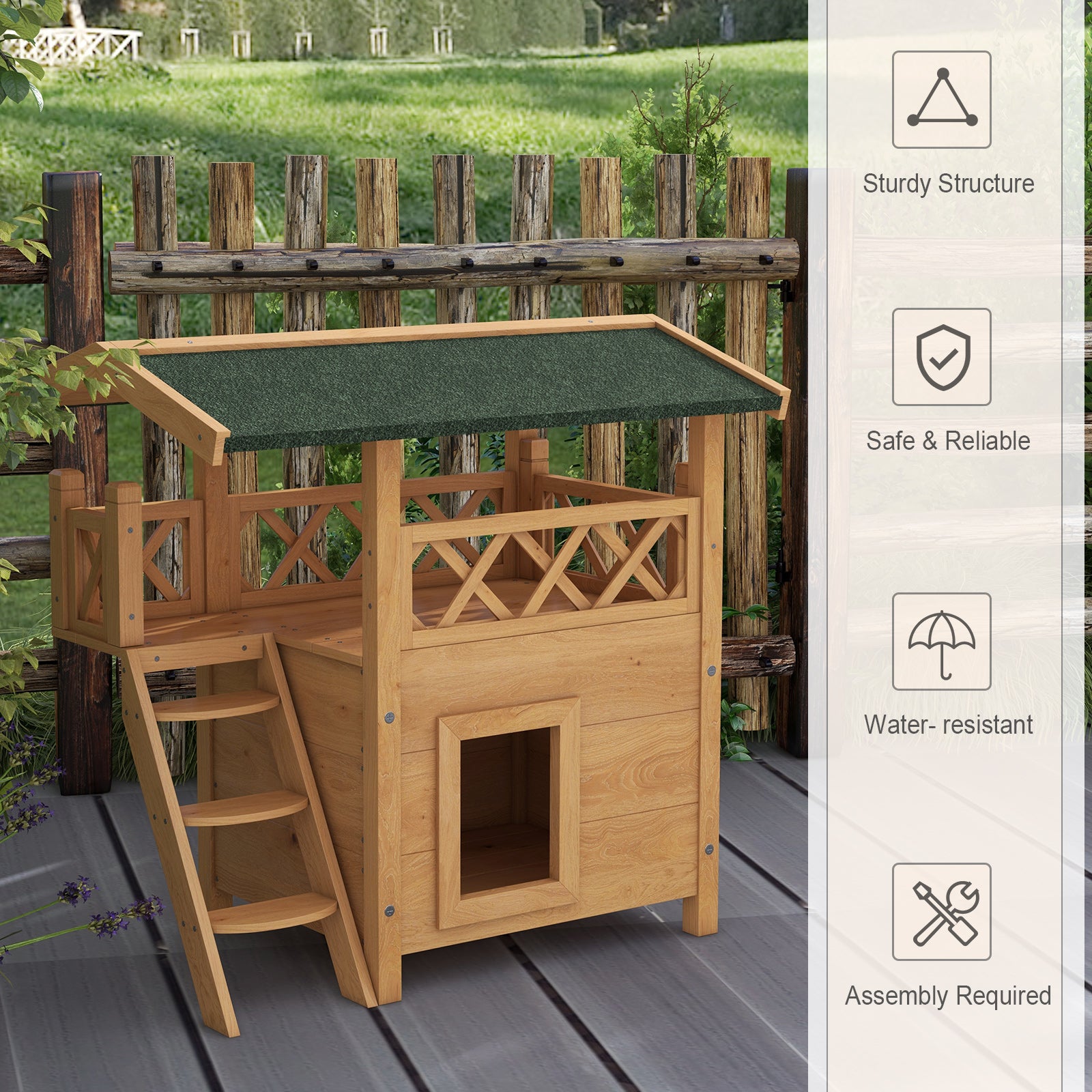 PawHut Cat House Outdoor with Balcony Stairs Roof 77x50x73cm Natural Wood Finish