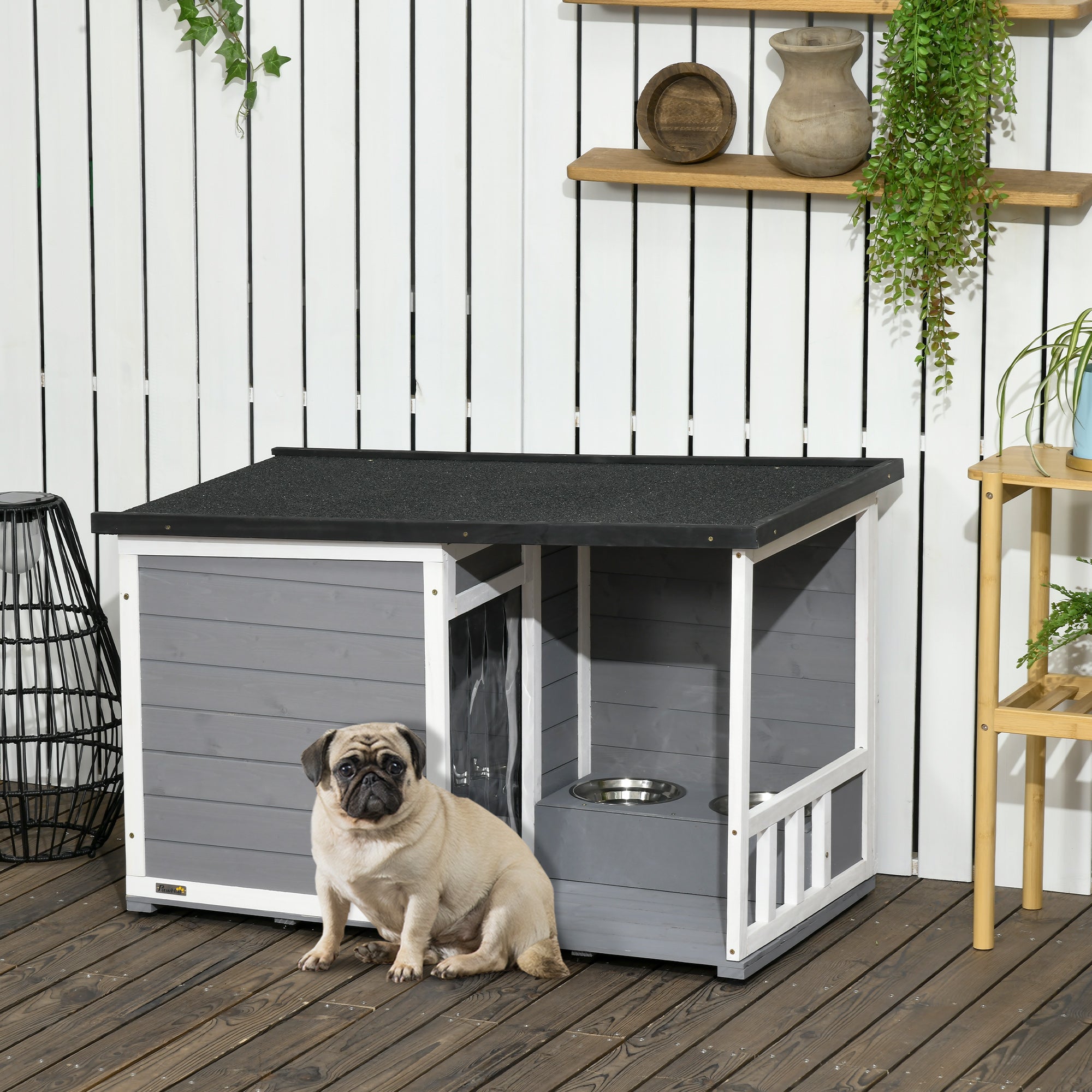 PawHut Solid Wood Dog House with Porch Feeding Bowls 103x62x66cm Gray White
