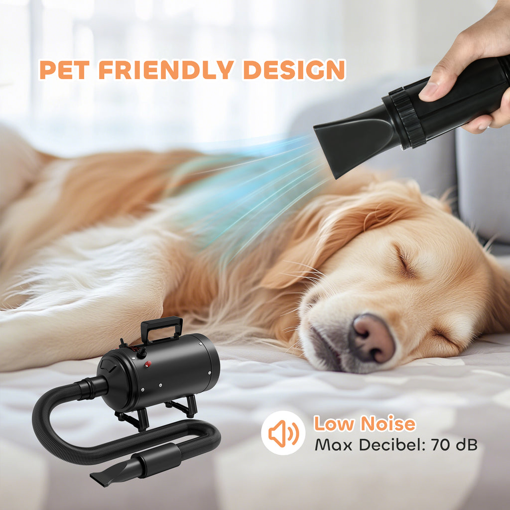PawHut 2200W Dog Hair Dryer with Adjustable Temperature & Velocity, 3 Nozzles, Black