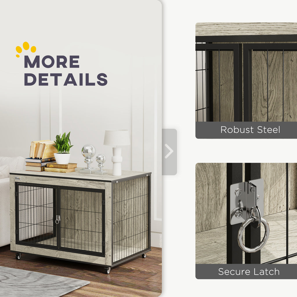 PawHut Dog Crate Furniture with Wheels Double Doors for Medium Dogs Grey